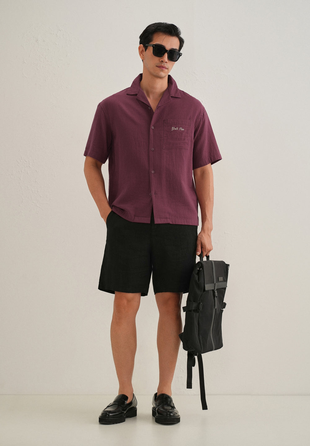 Wine Embroidered Double Cloth Cotton Shirt