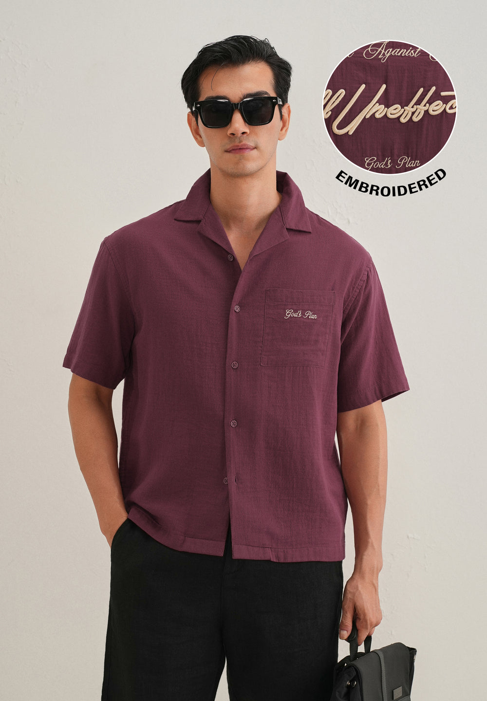 Wine Embroidered Double Cloth Cotton Shirt