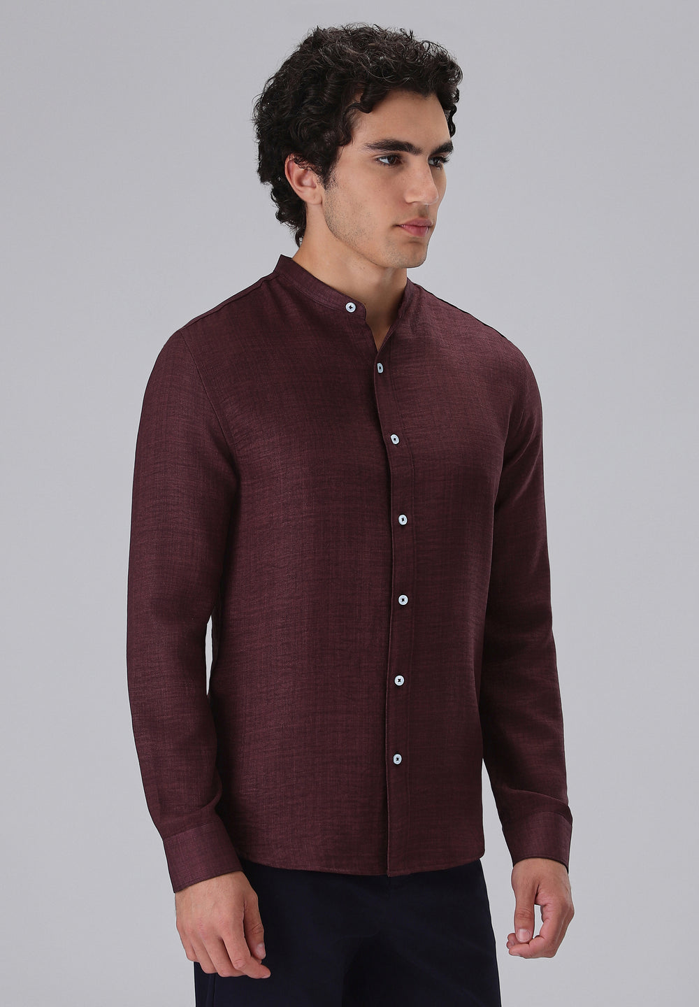 Wine Plain Mandarin Collar Shirt