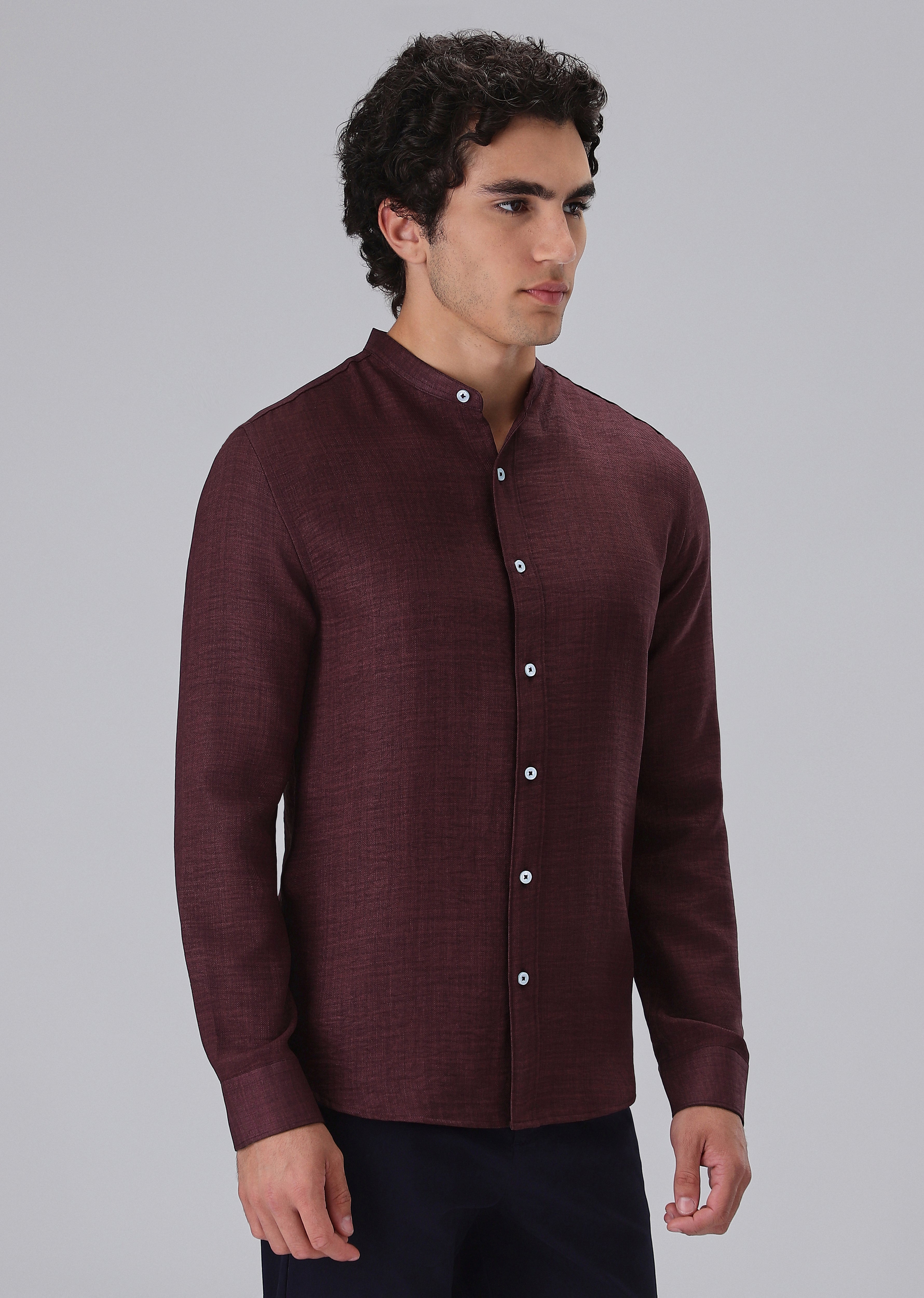 Wine Plain Mandarin Collar Shirt