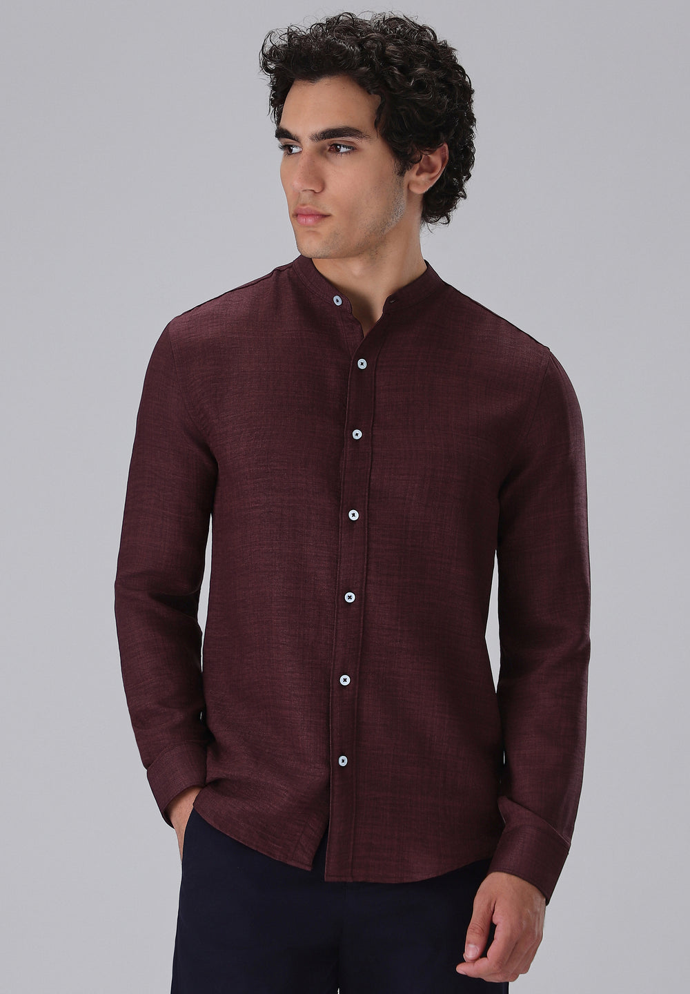 Wine Plain Mandarin Collar Shirt
