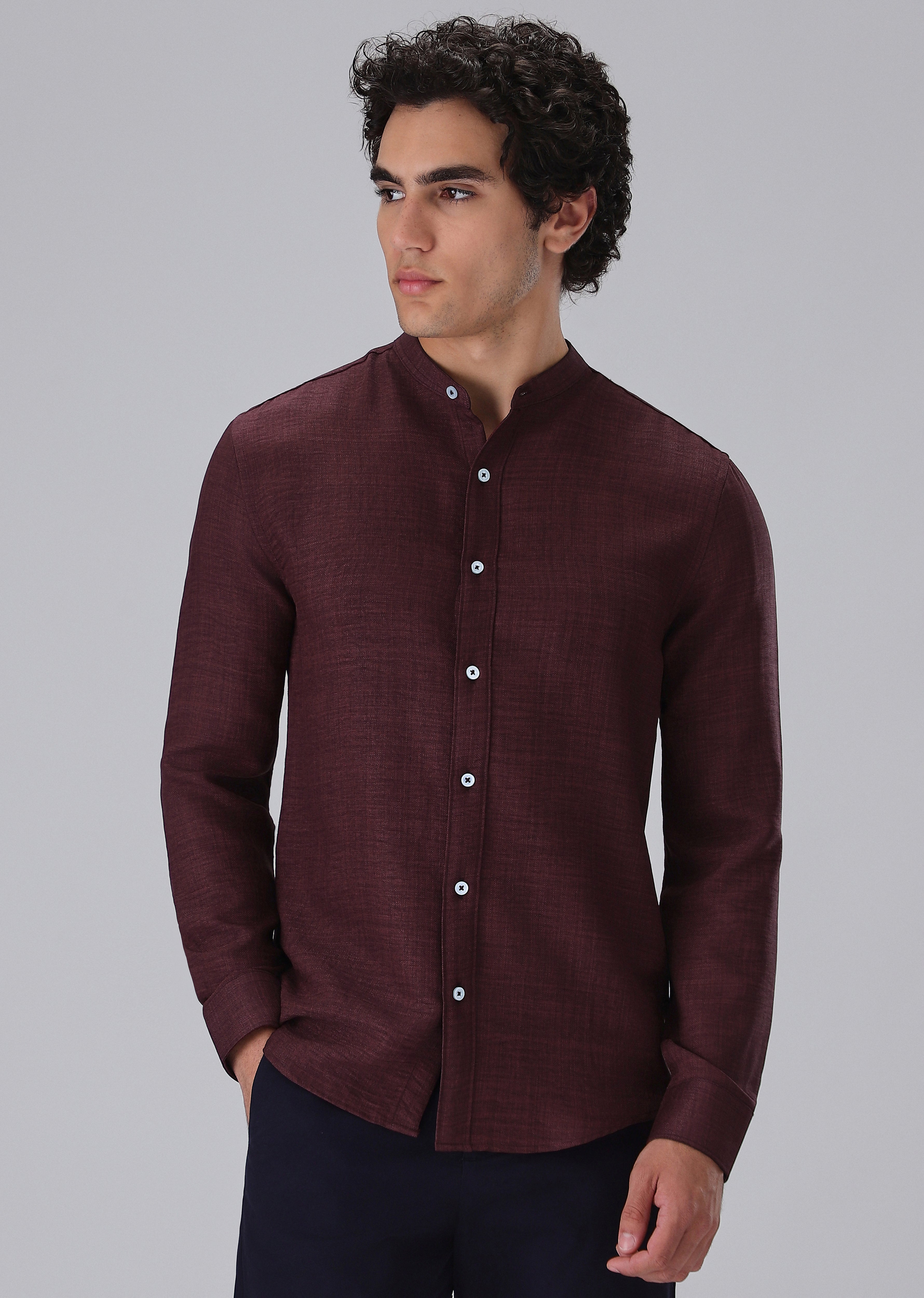 Wine Plain Mandarin Collar Shirt