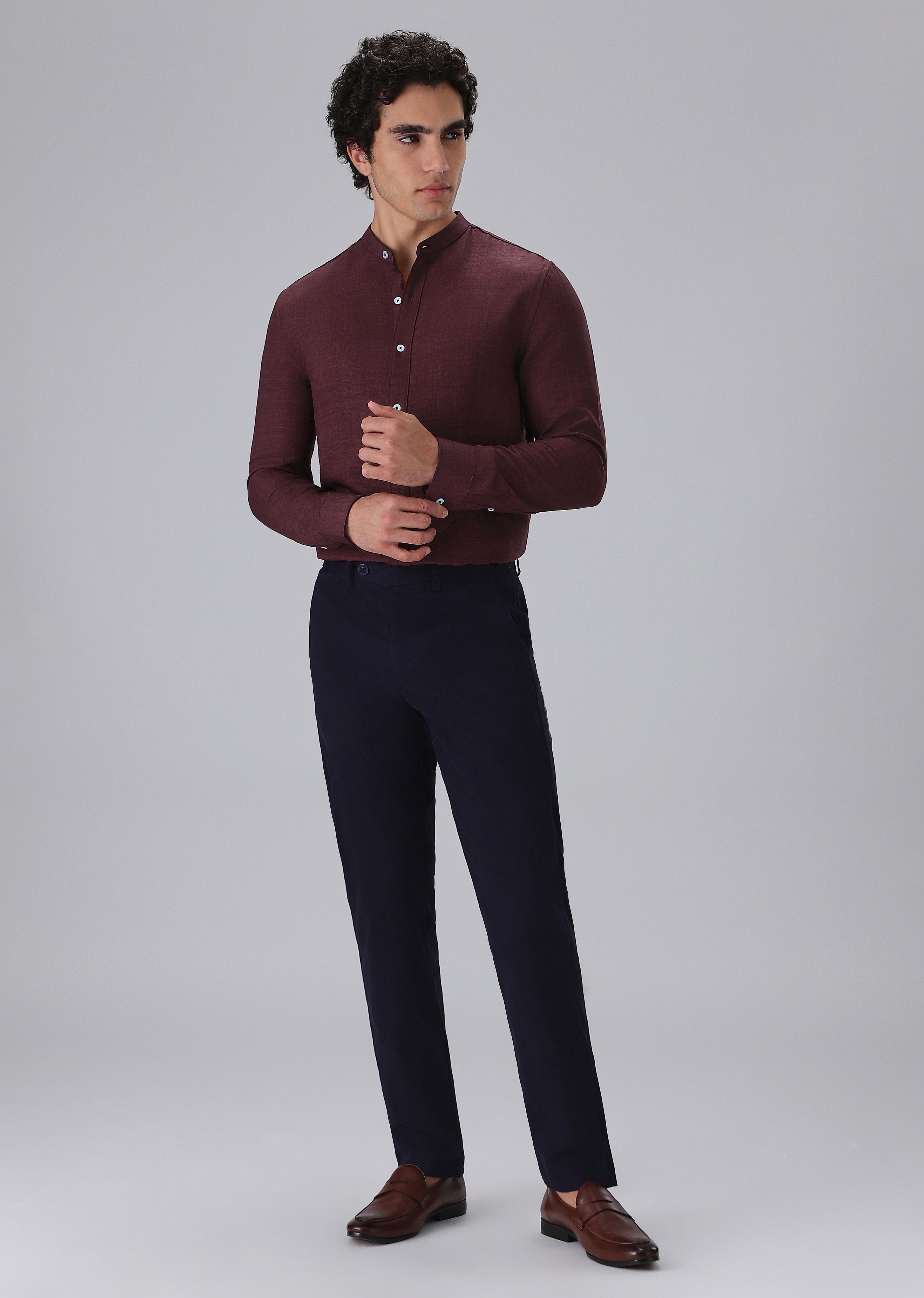 Wine Plain Mandarin Collar Shirt