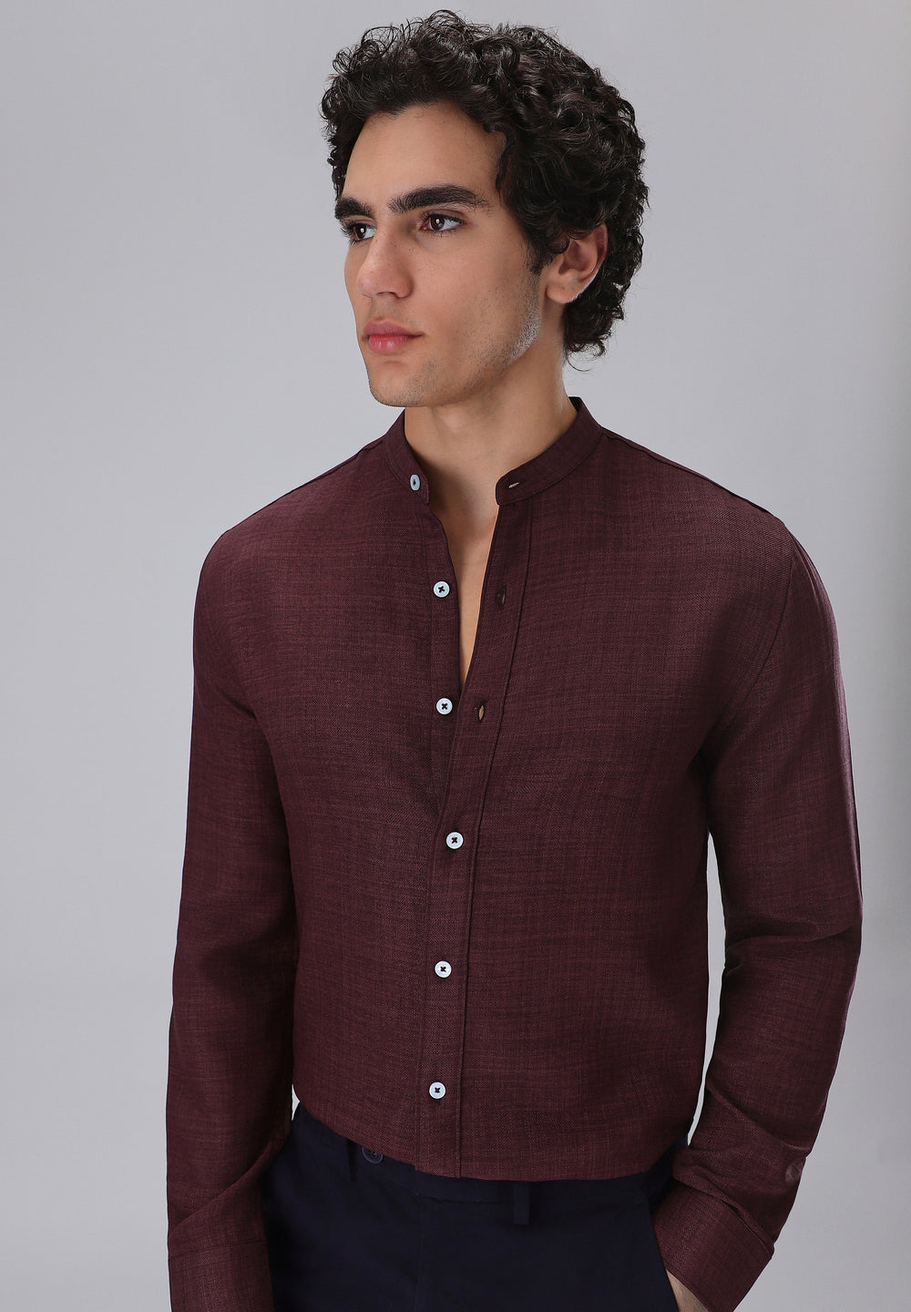 Wine Plain Mandarin Collar Shirt
