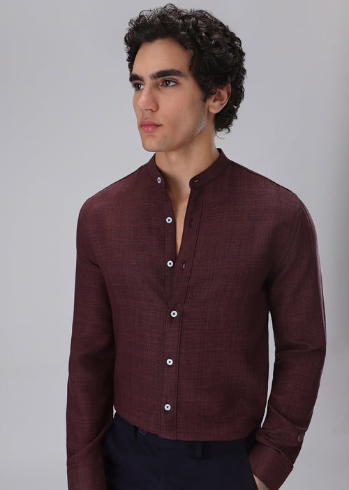 Wine Plain Mandarin Collar Shirt