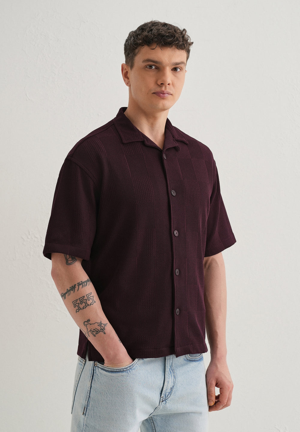 Wine Textured Check Knit Shirt