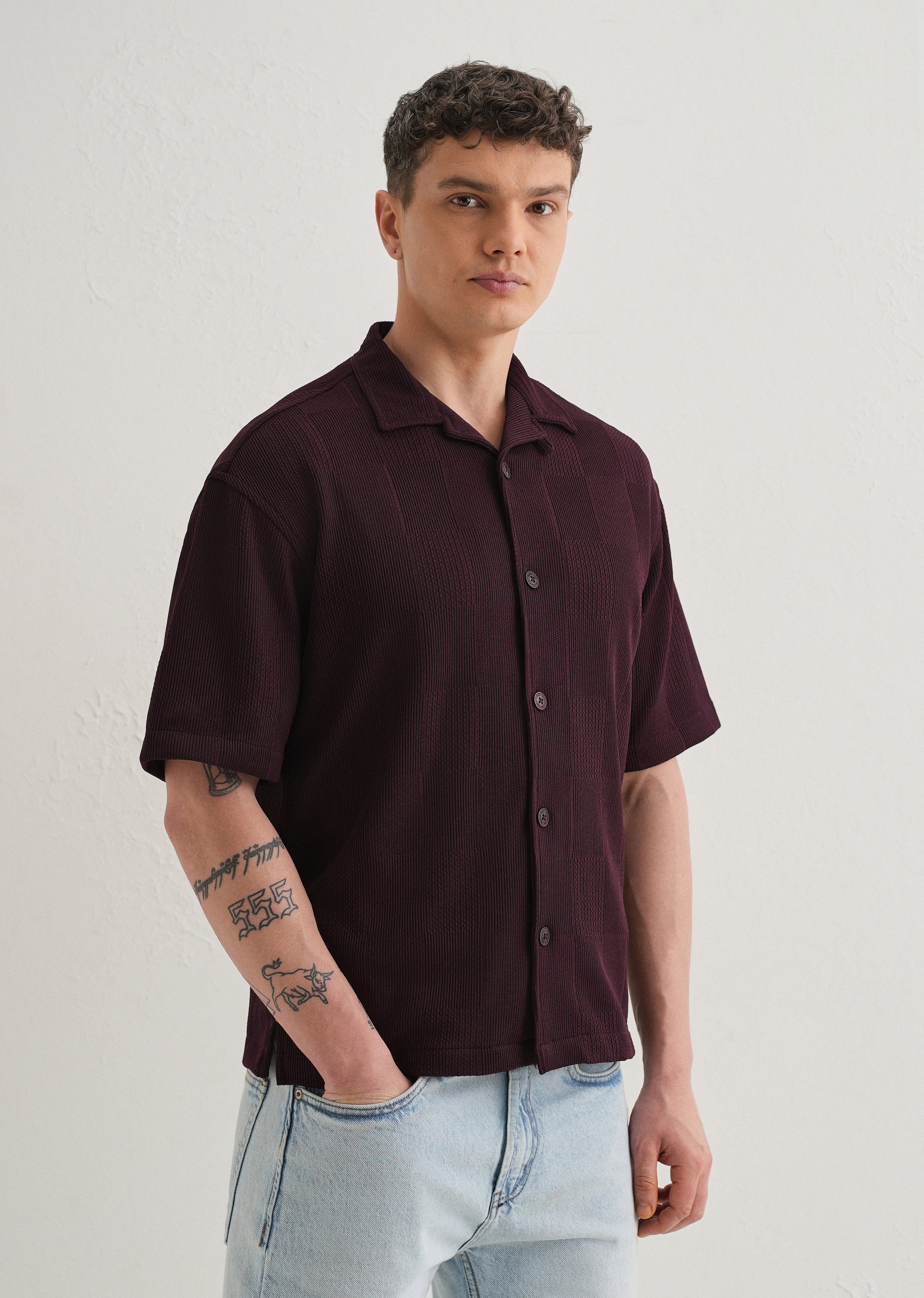 Wine Textured Check Knit Shirt