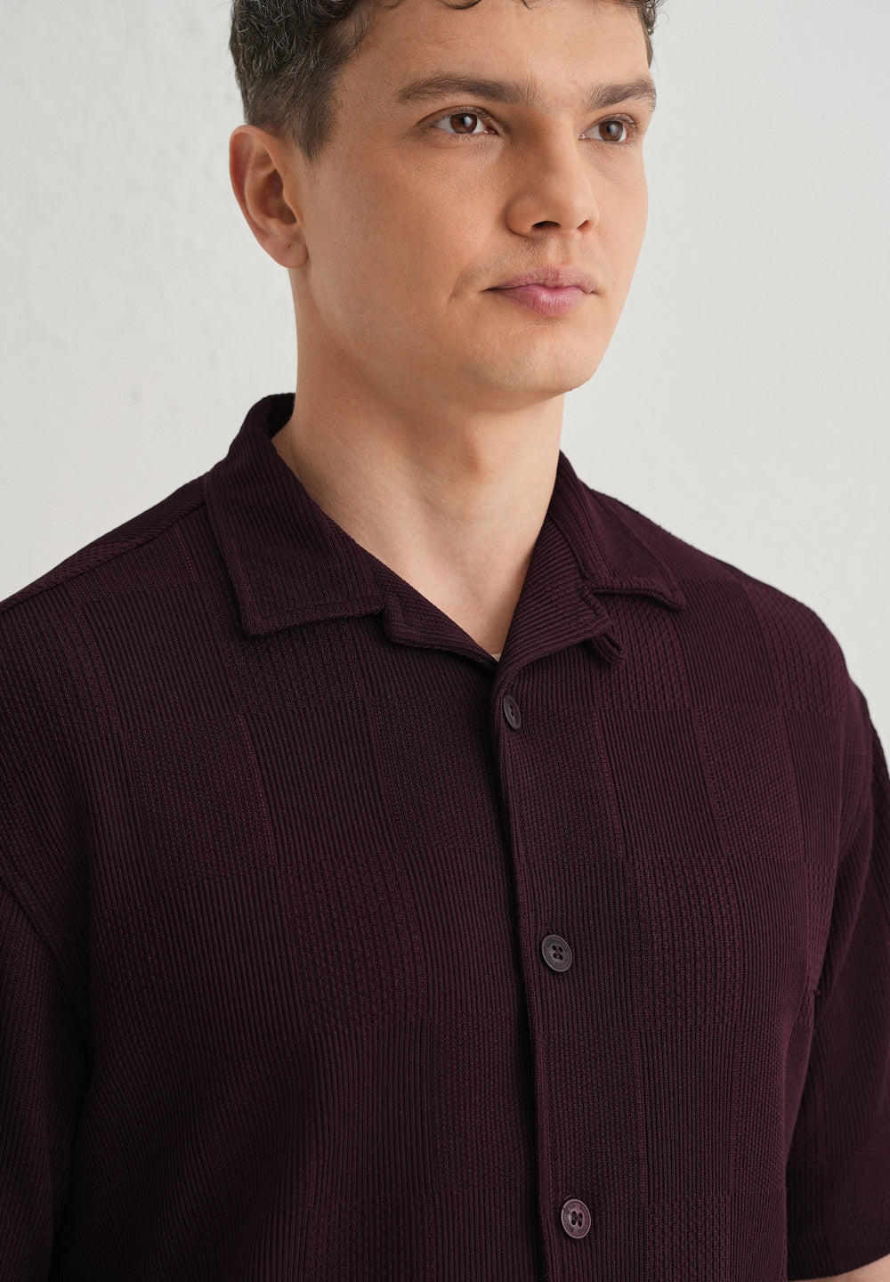 Wine Textured Check Knit Shirt