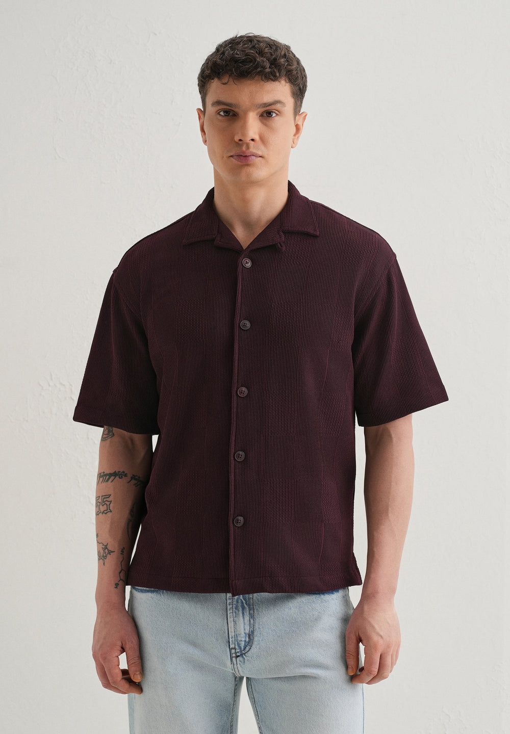 Wine Textured Check Knit Shirt