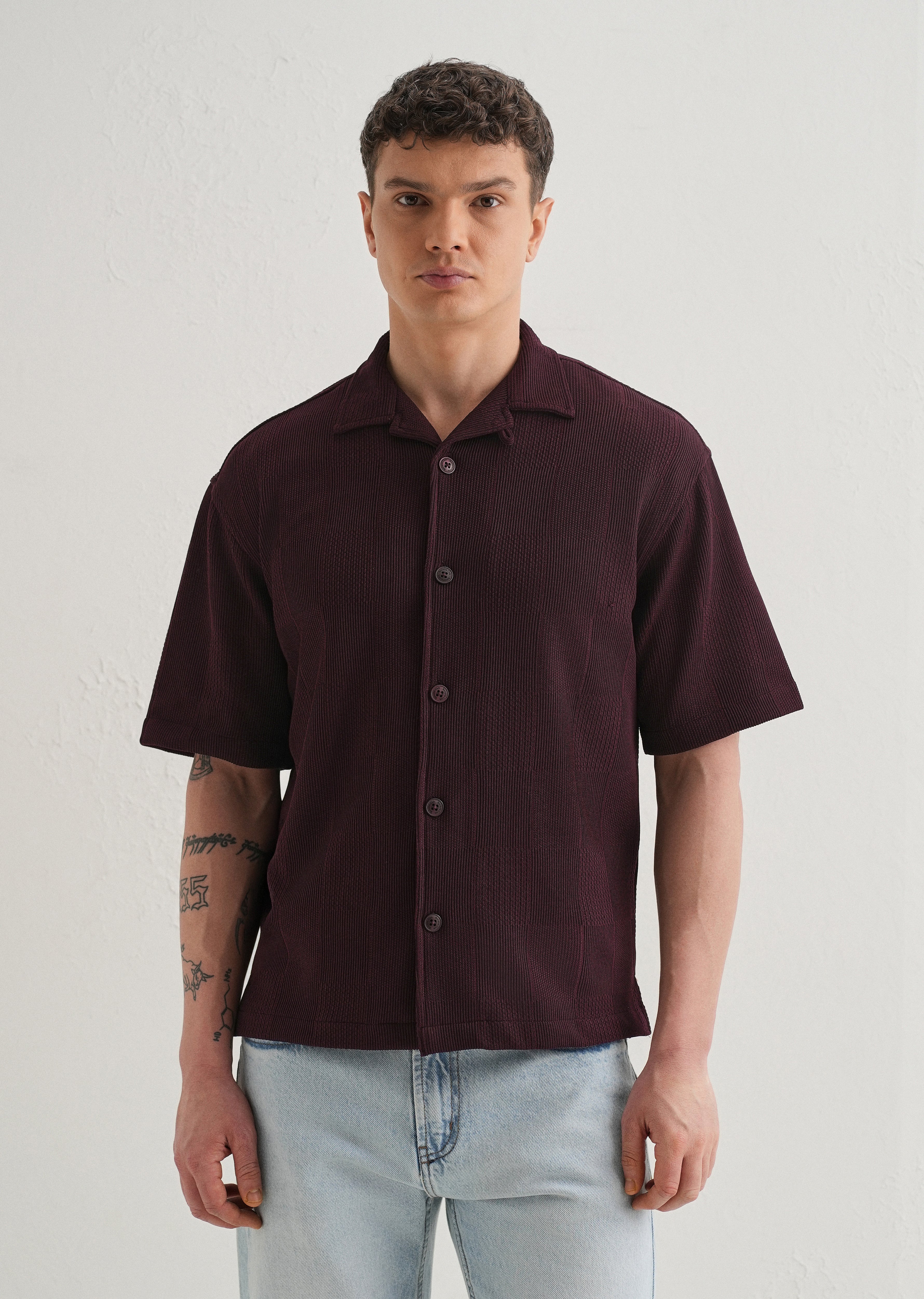 Wine Textured Check Knit Shirt