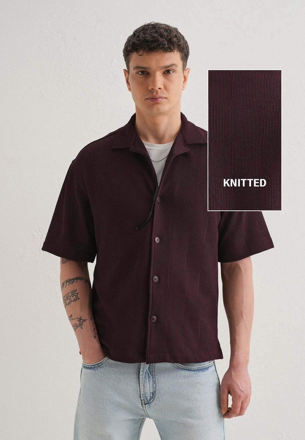 Wine Textured Check Knit Shirt