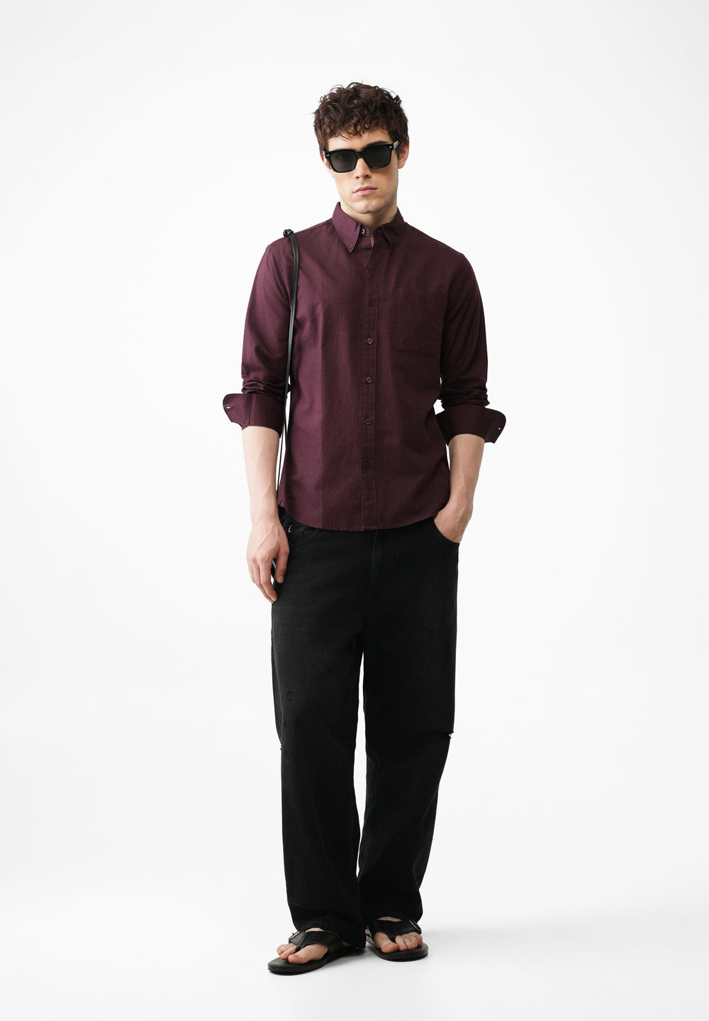 Wine Cotton Linen Plain Shirt