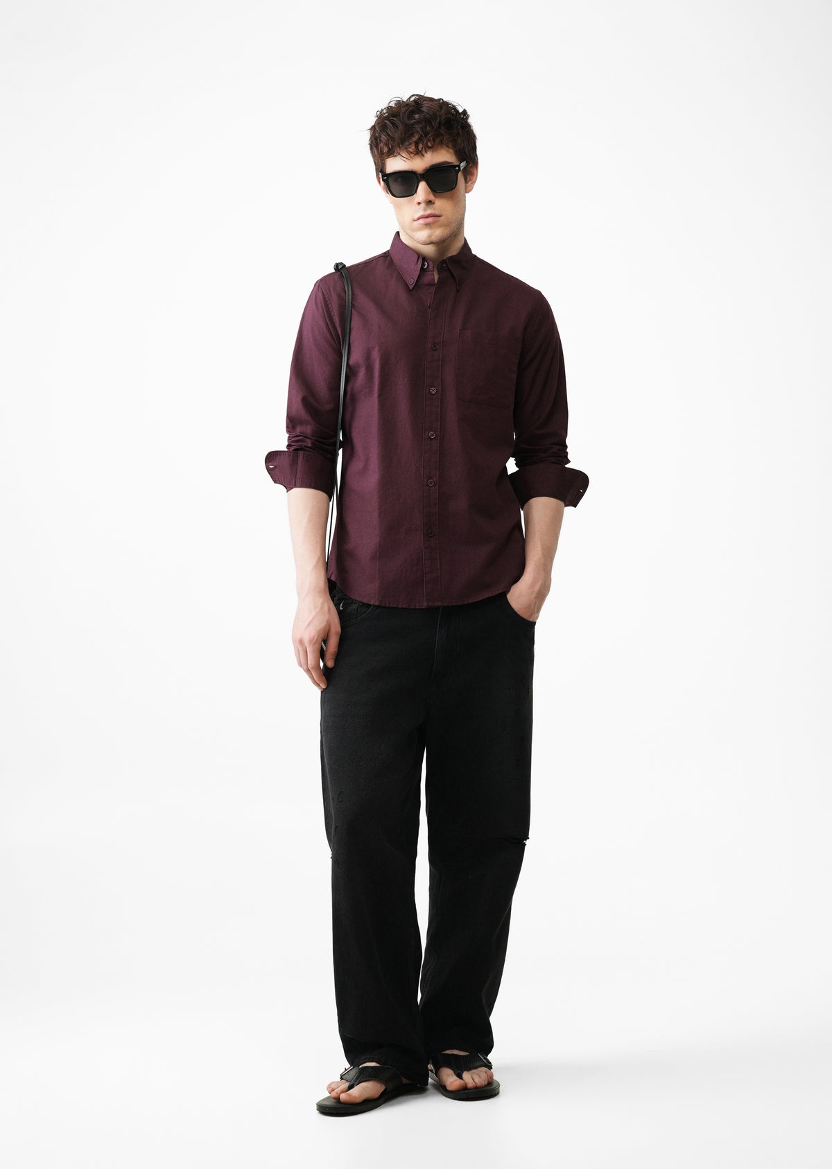Wine Cotton Linen Plain Shirt