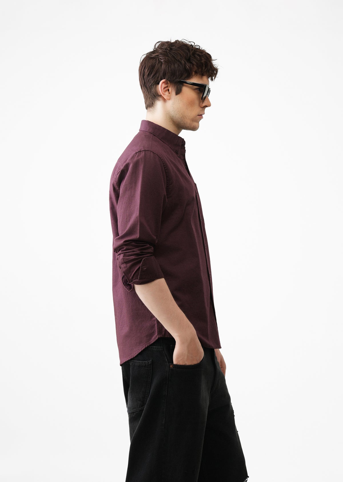 Wine Cotton Linen Plain Shirt