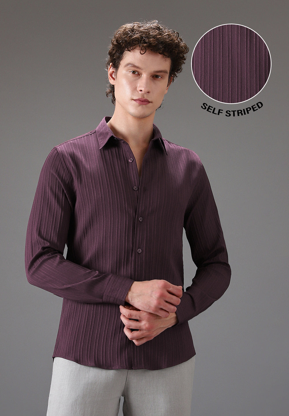 Wine Plain Self Striped Shirt