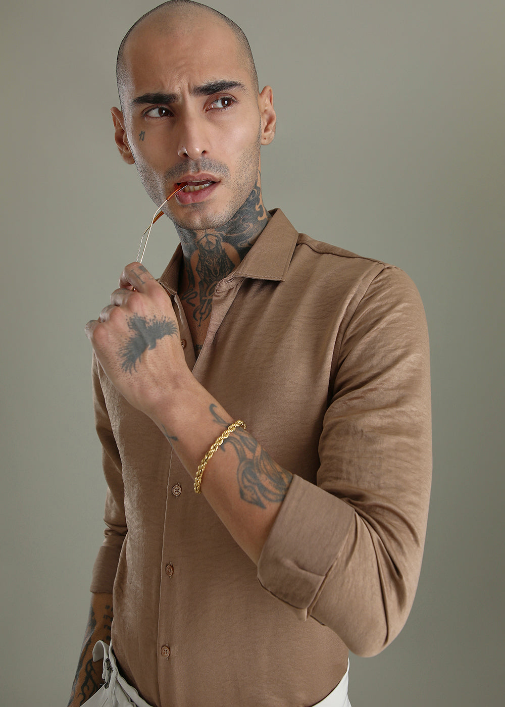 Wood Brown Crushed Satin Shirt