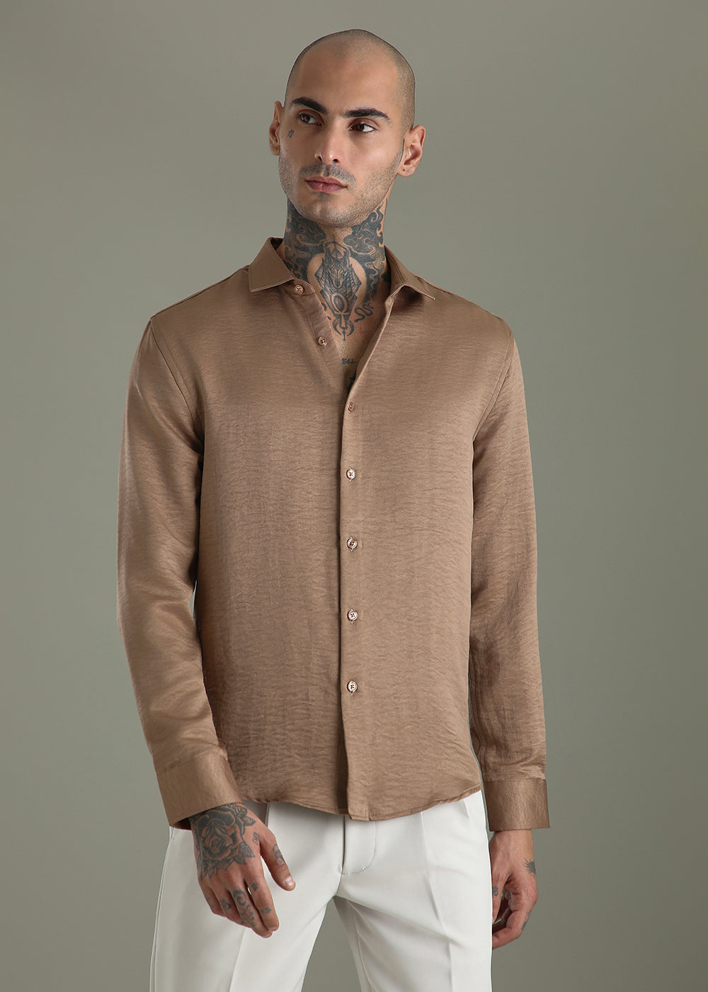 Wood Brown Crushed Satin Shirt