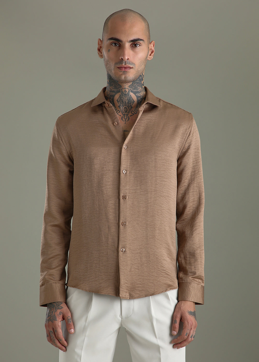 Wood Brown Crushed Satin Shirt