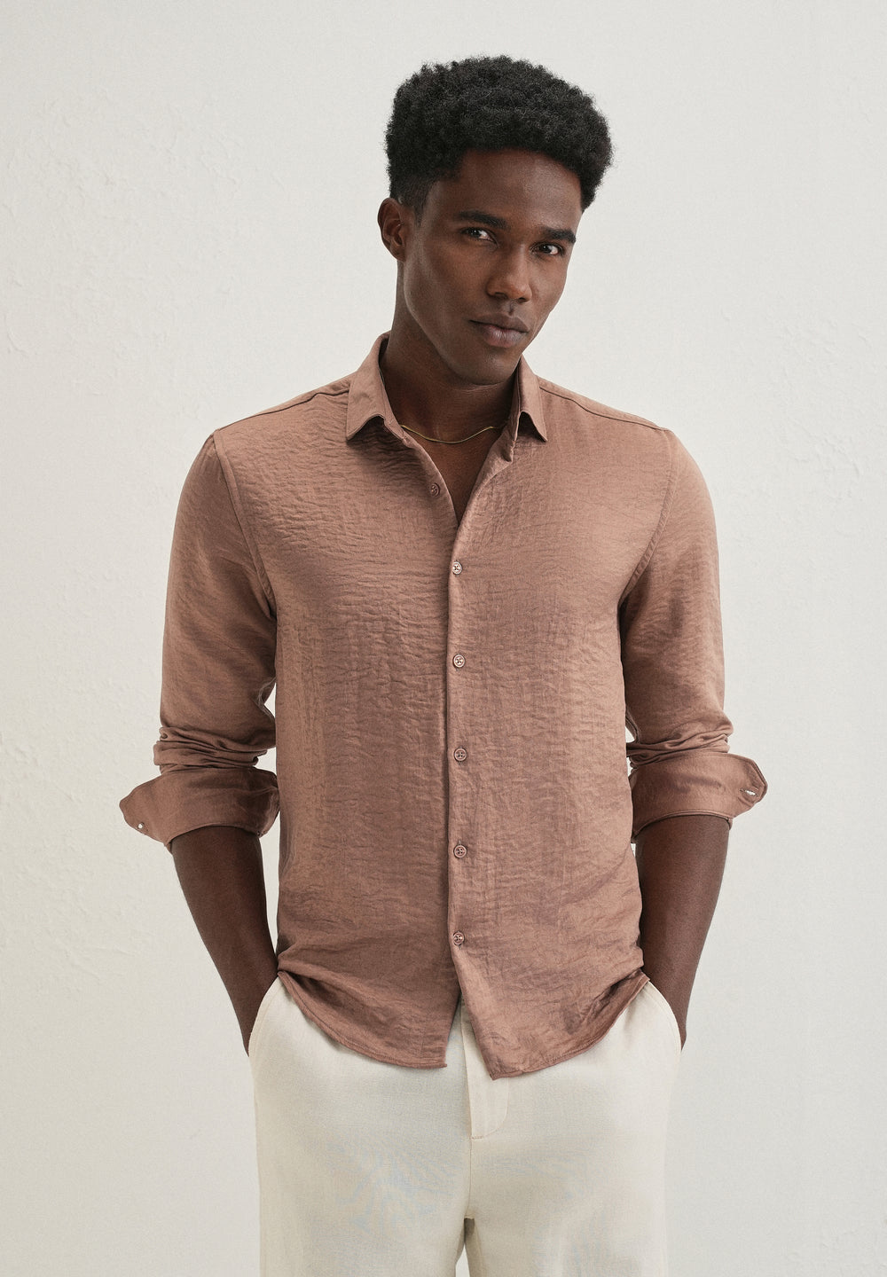 Wood Brown Plain Crushed Satin Shirt