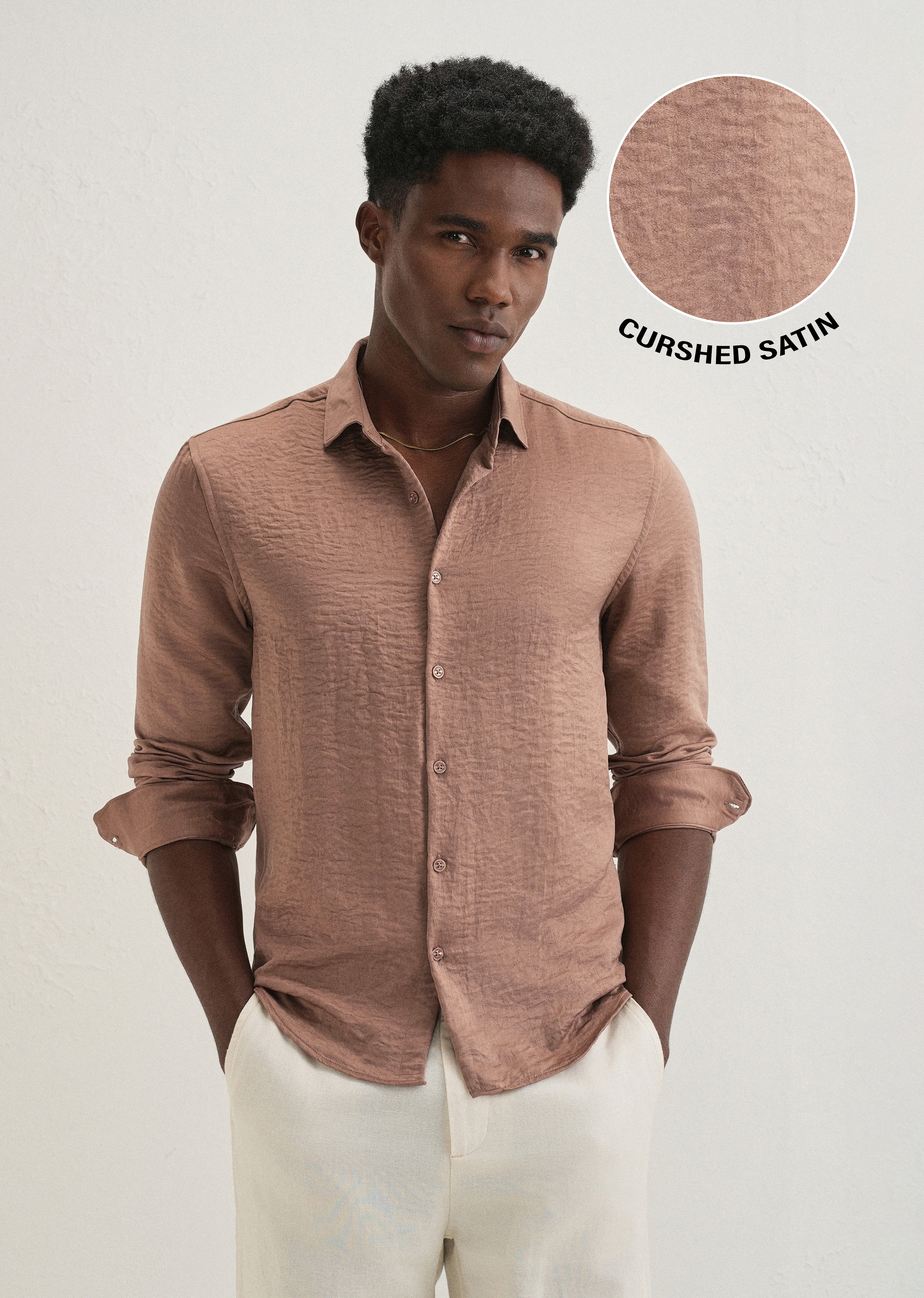 Wood Brown Plain Crushed Satin Shirt
