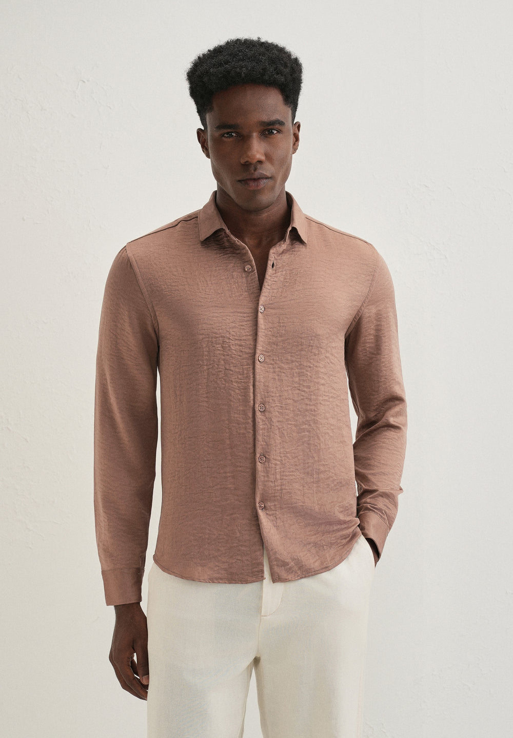 Wood Brown Plain Crushed Satin Shirt