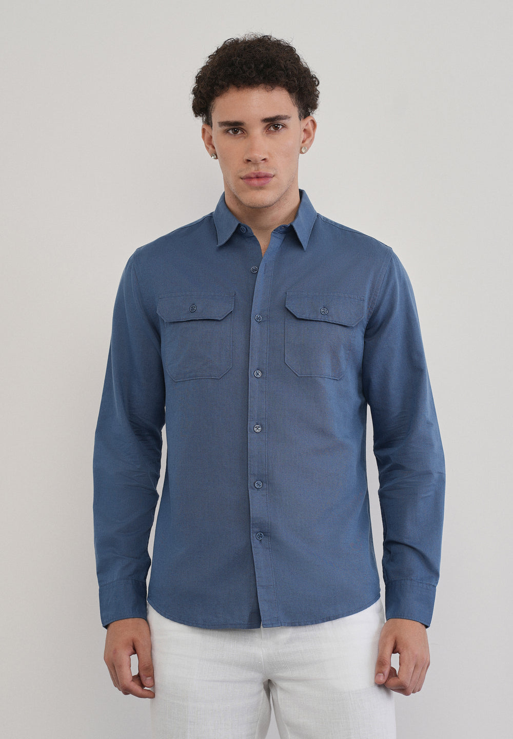 Yale Blue Cotton Linen Flap Pocket Shirt