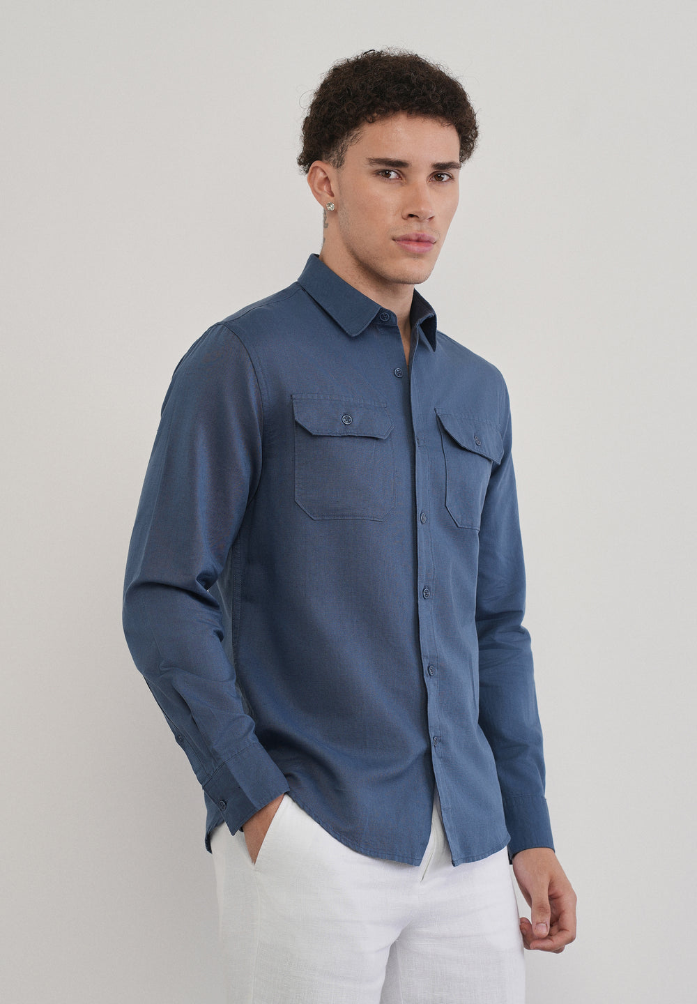 Yale Blue Cotton Linen Flap Pocket Shirt