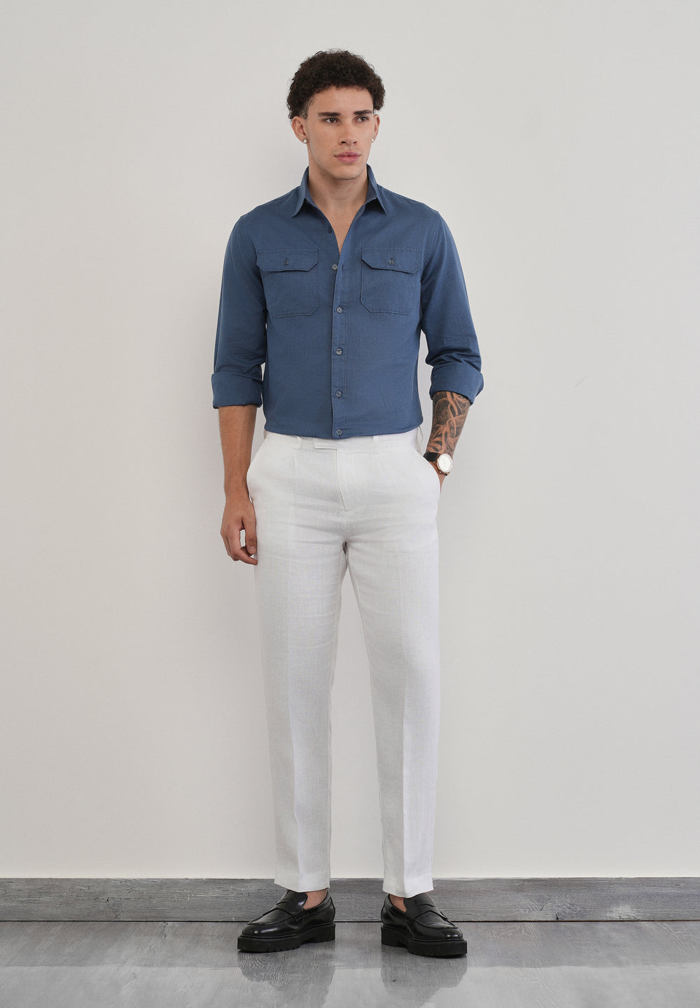 Yale Blue Cotton Linen Flap Pocket Shirt