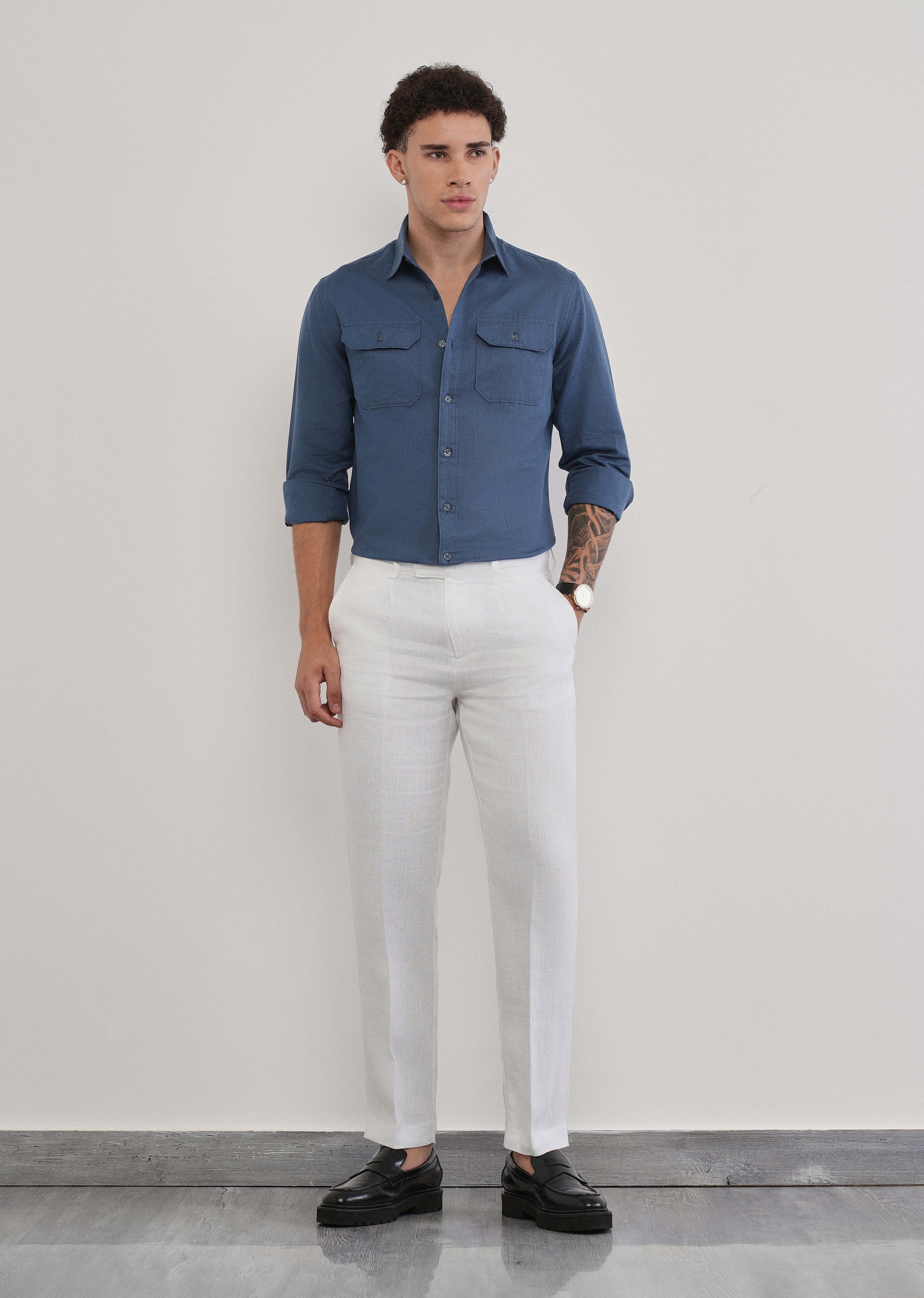 Yale Blue Cotton Linen Flap Pocket Shirt