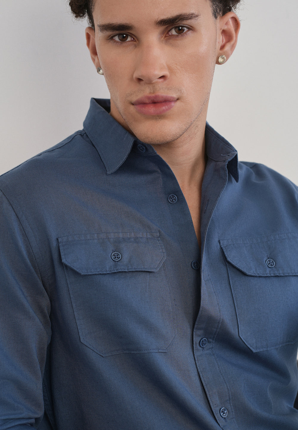Yale Blue Cotton Linen Flap Pocket Shirt