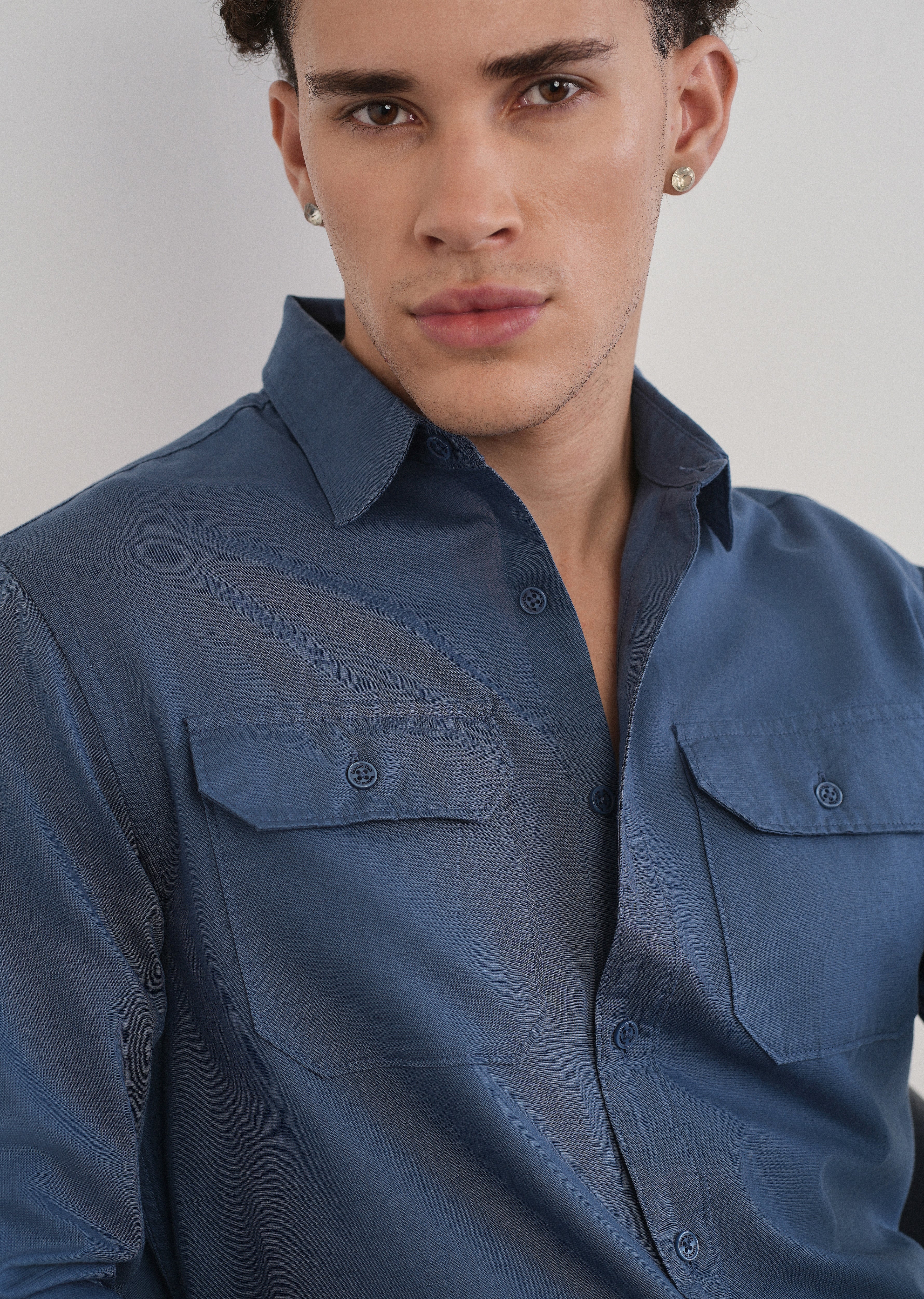 Yale Blue Cotton Linen Flap Pocket Shirt