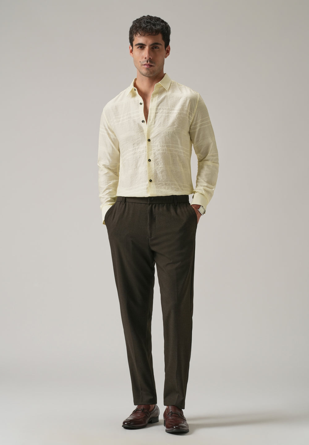 Yellow Crinkled Self Stripe Shirt