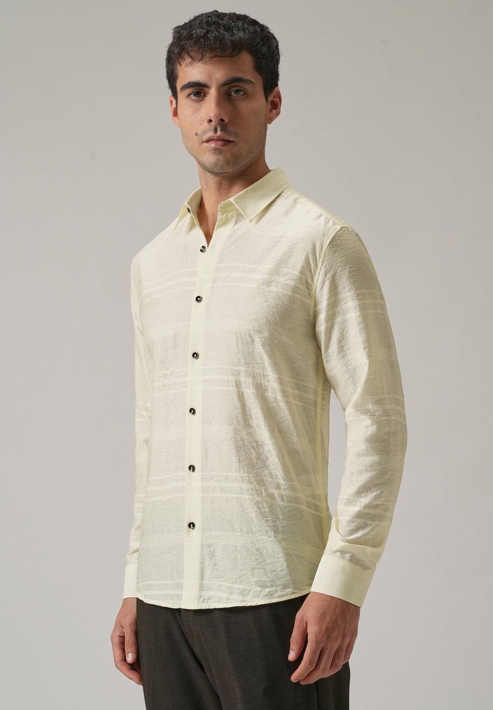 Yellow Crinkled Self Stripe Shirt