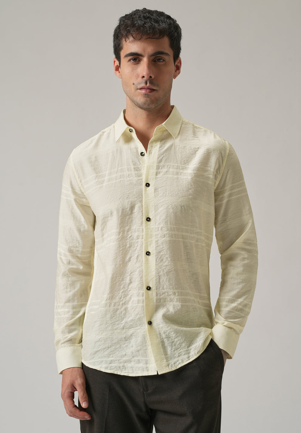 Yellow Crinkled Self Stripe Shirt