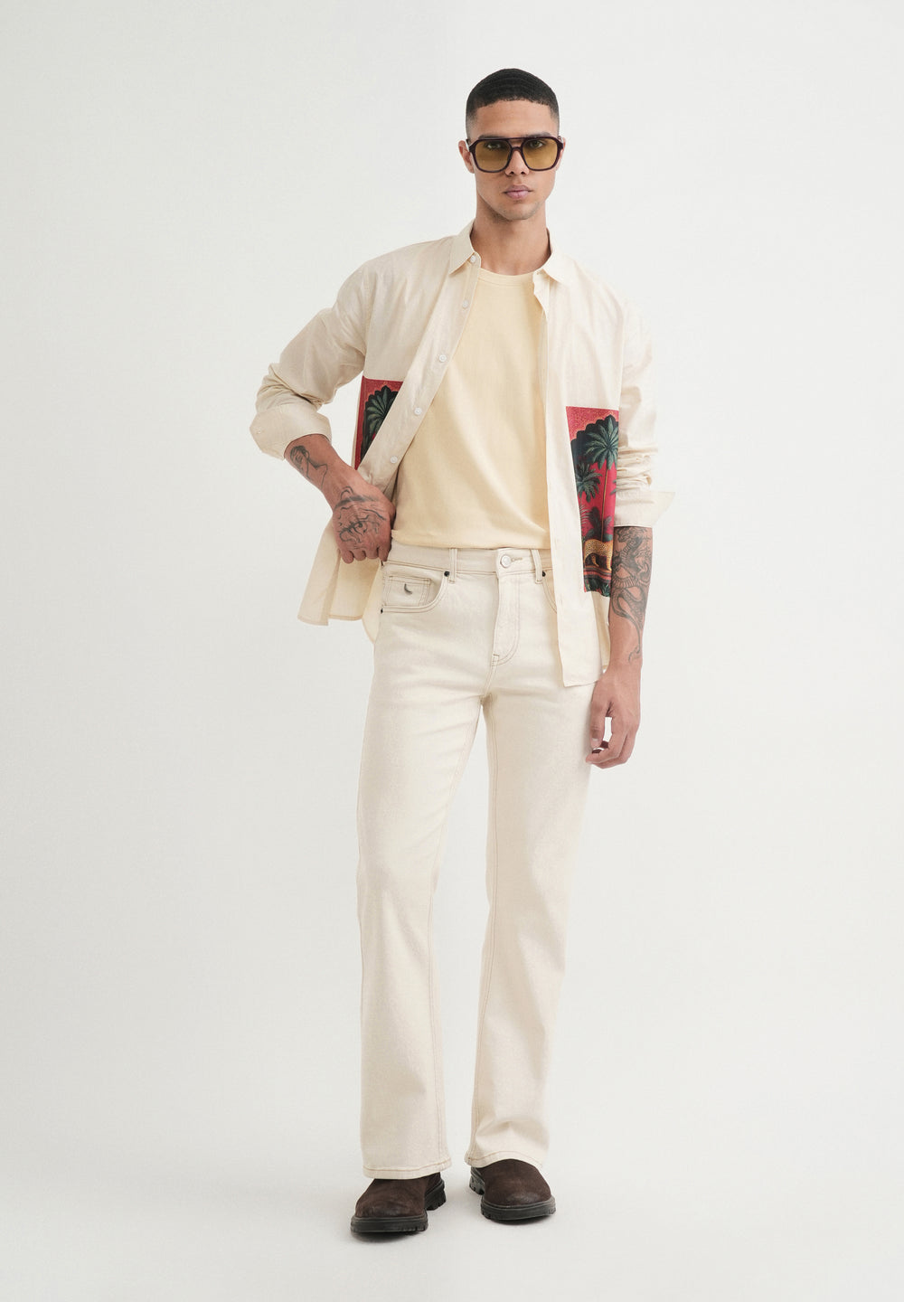 Beige Placement Print Cotton Shirt
