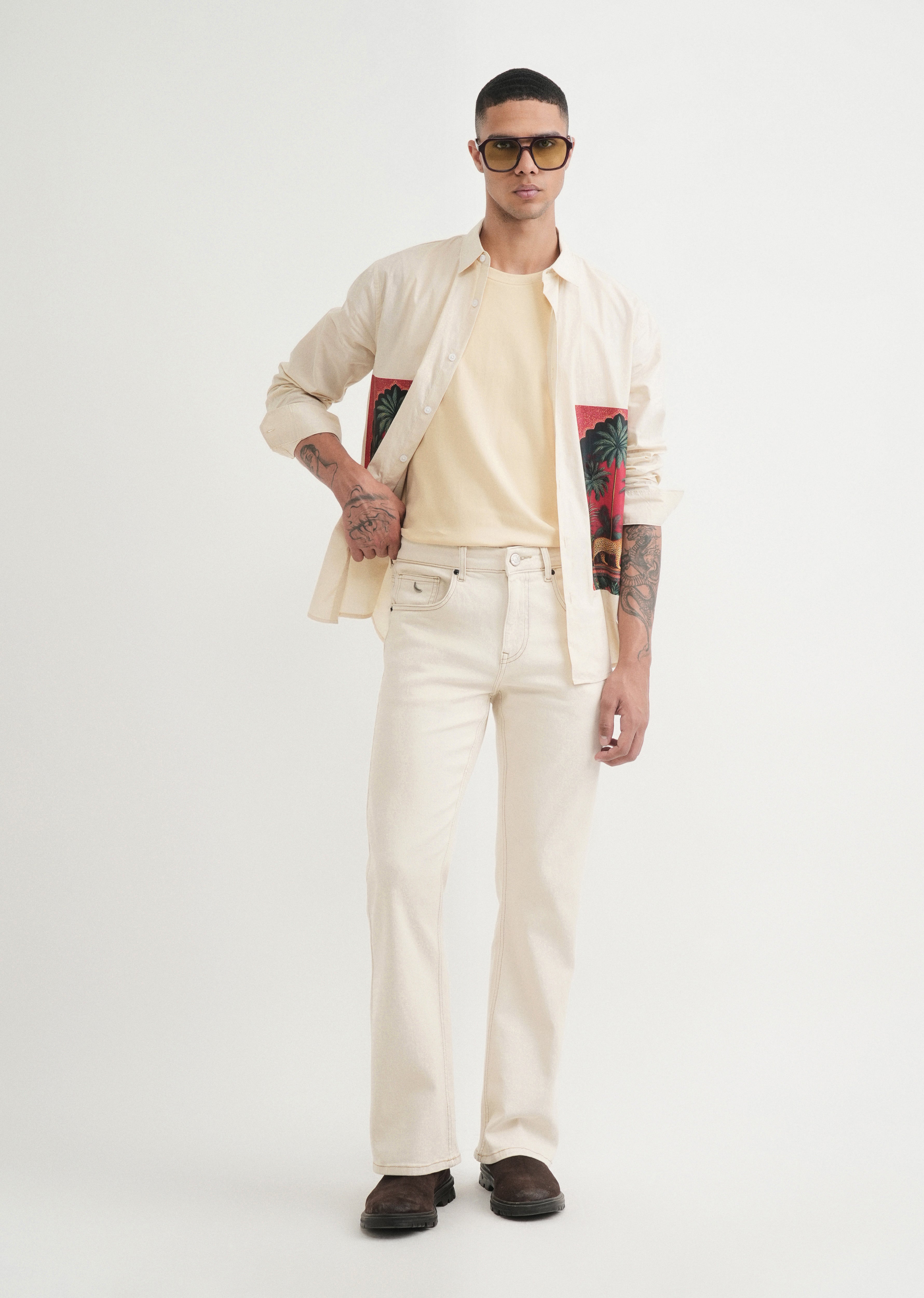 Beige Placement Print Cotton Shirt