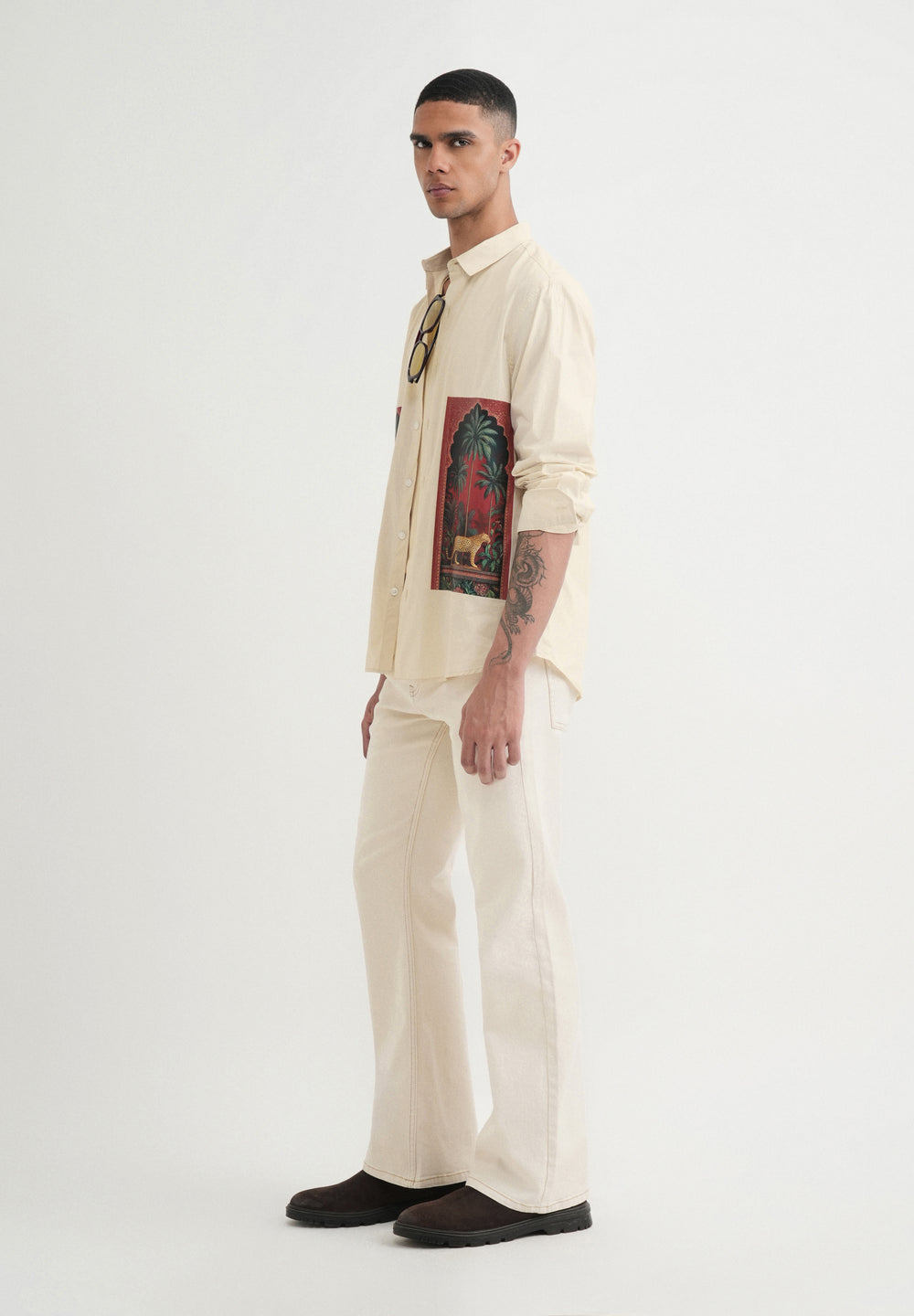Beige Placement Print Cotton Shirt