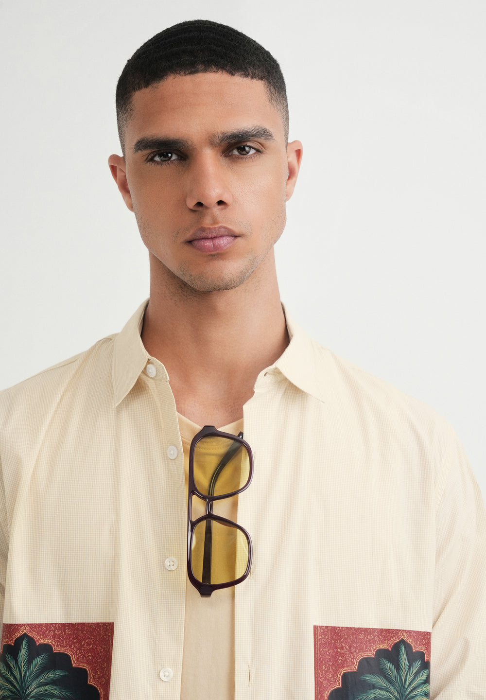 Beige Placement Print Cotton Shirt