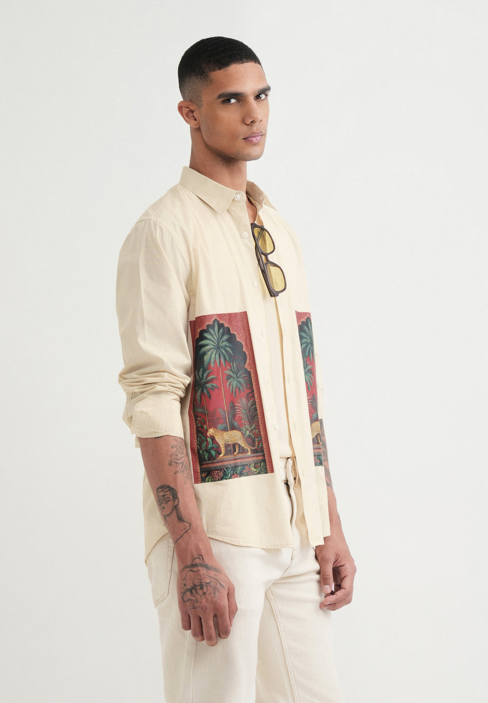 Beige Placement Print Cotton Shirt