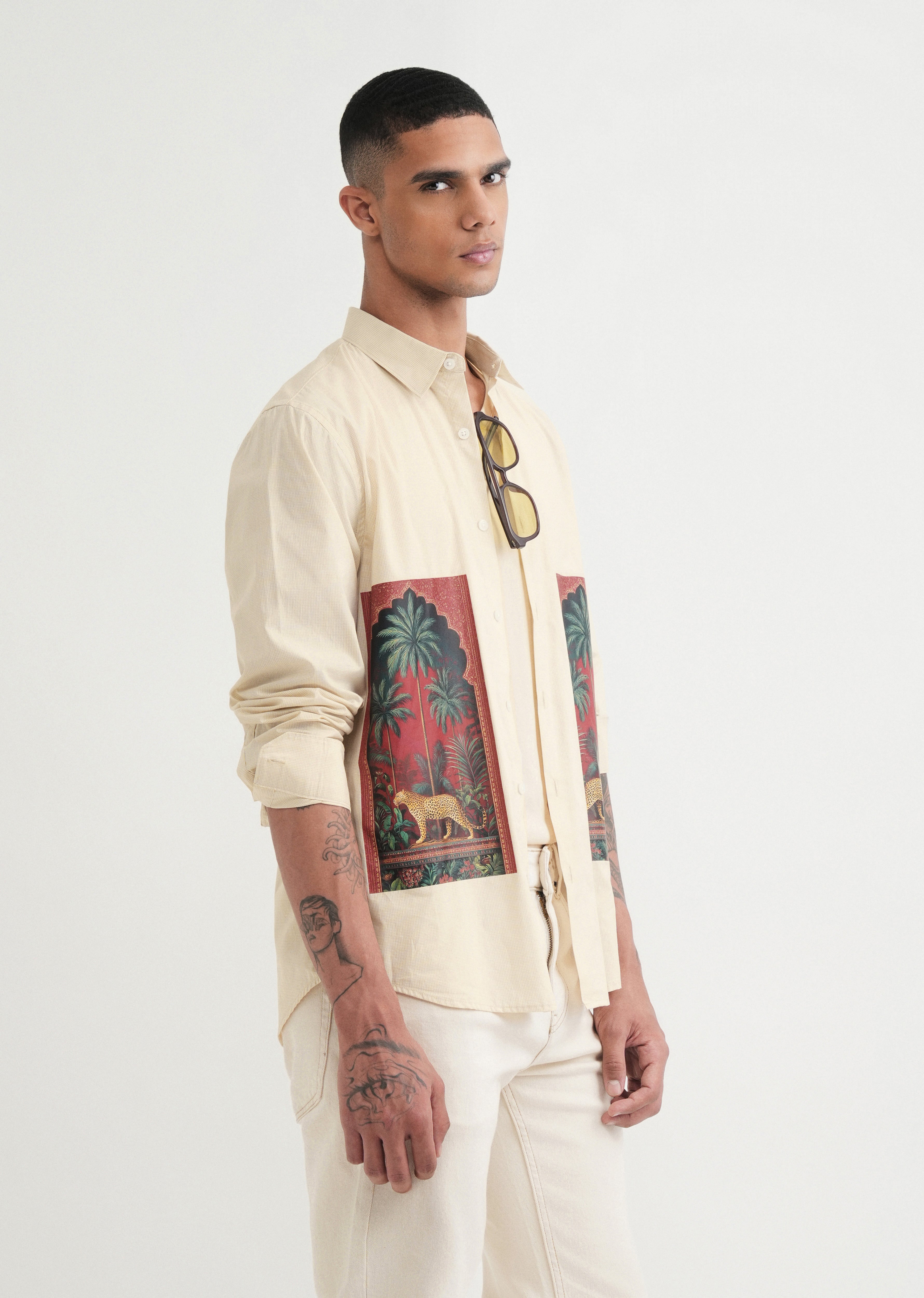 Beige Placement Print Cotton Shirt