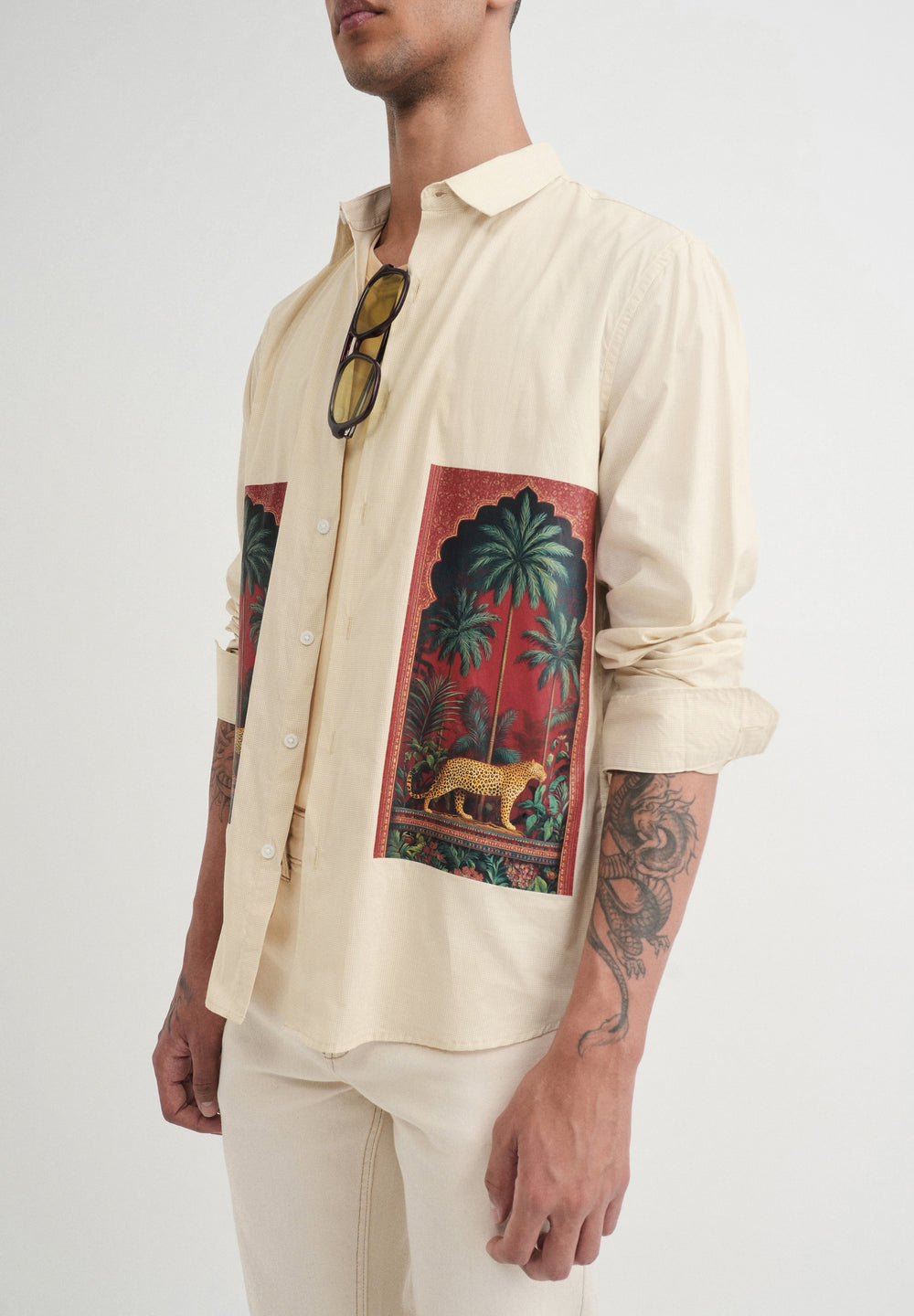 Beige Placement Print Cotton Shirt