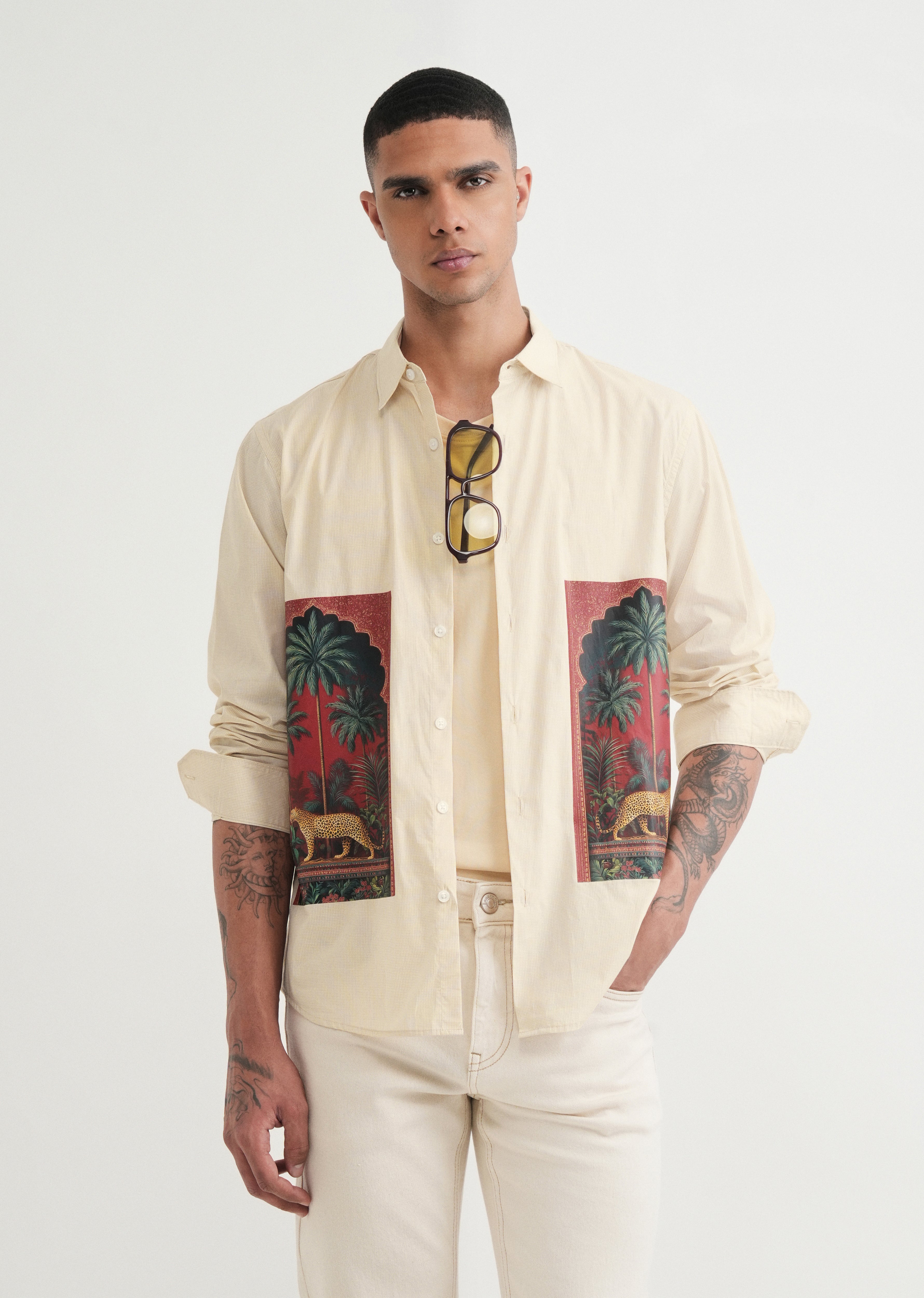 Beige Placement Print Cotton Shirt