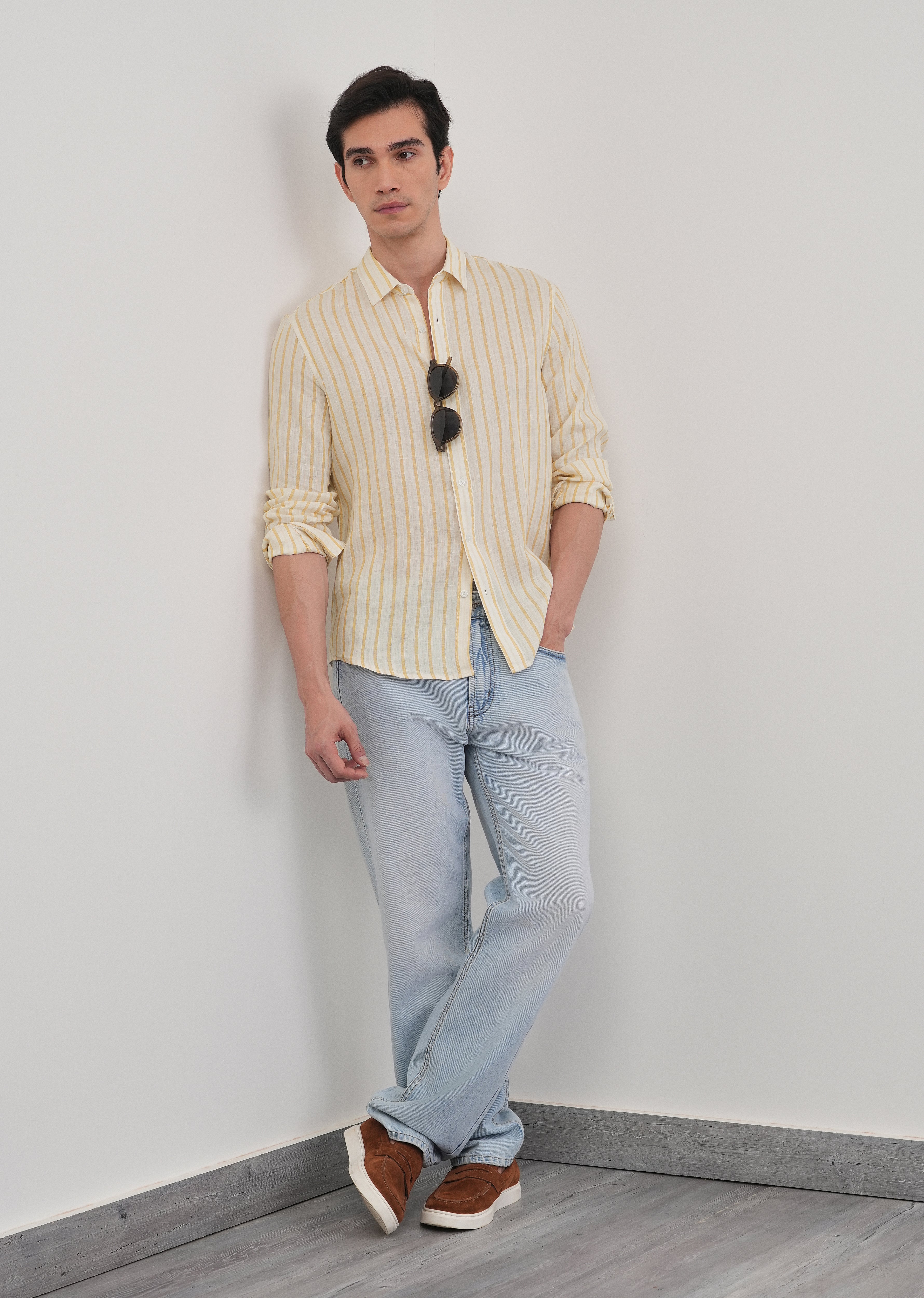 100% Linen Yellow Self-Stripe Shirt