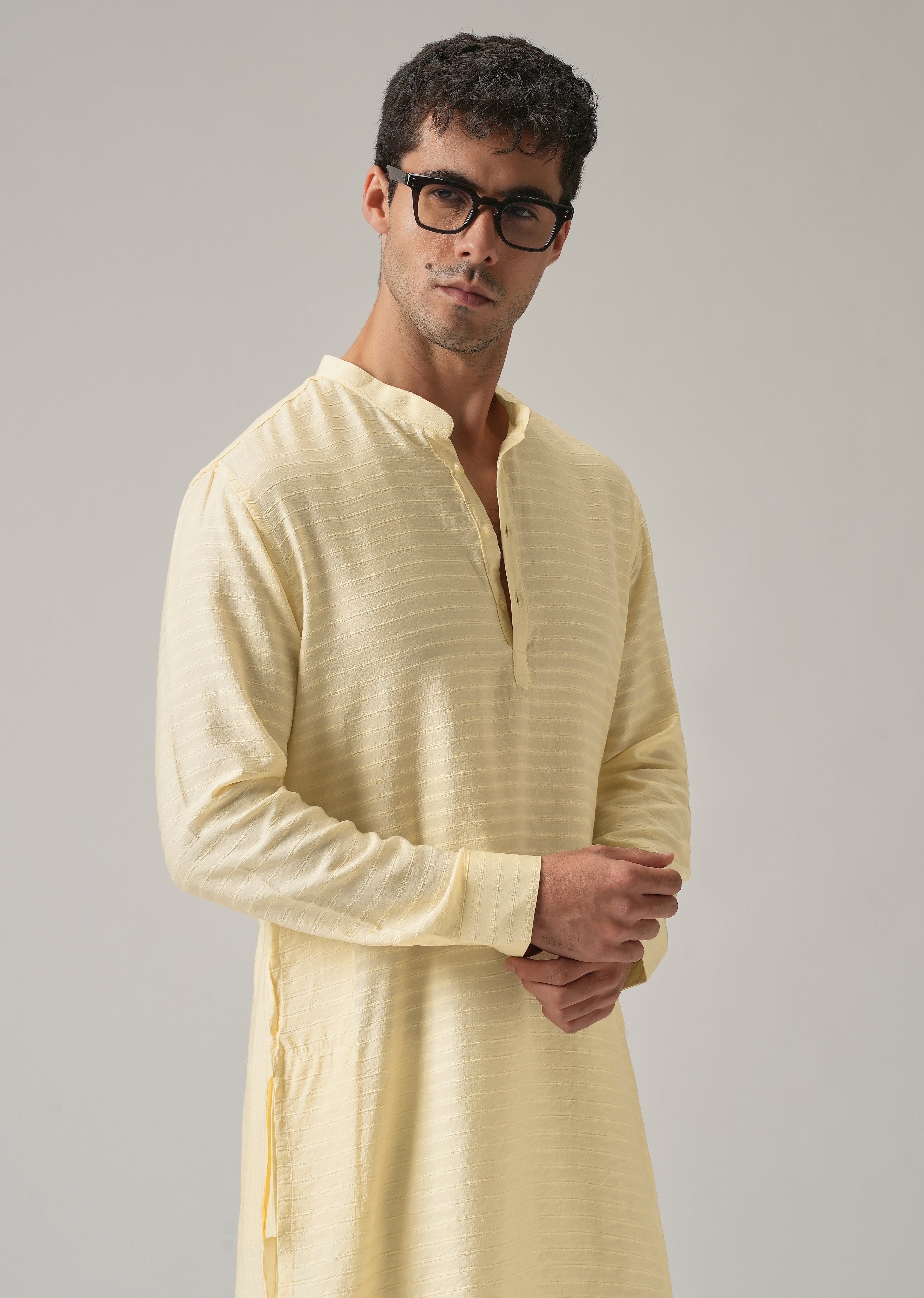 Yellow Nylon Self Stripe Kurta