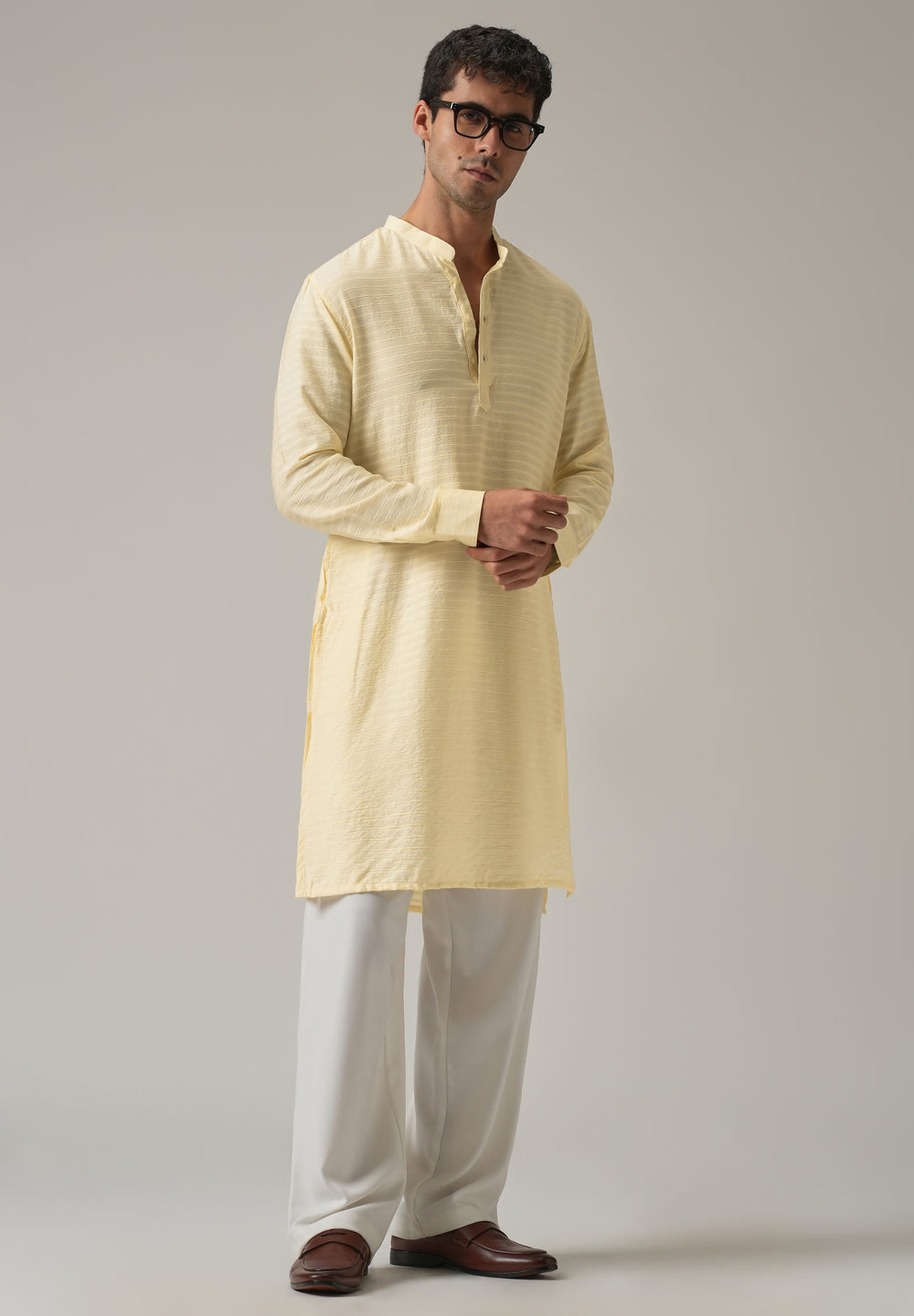 Yellow Nylon Self Stripe Kurta