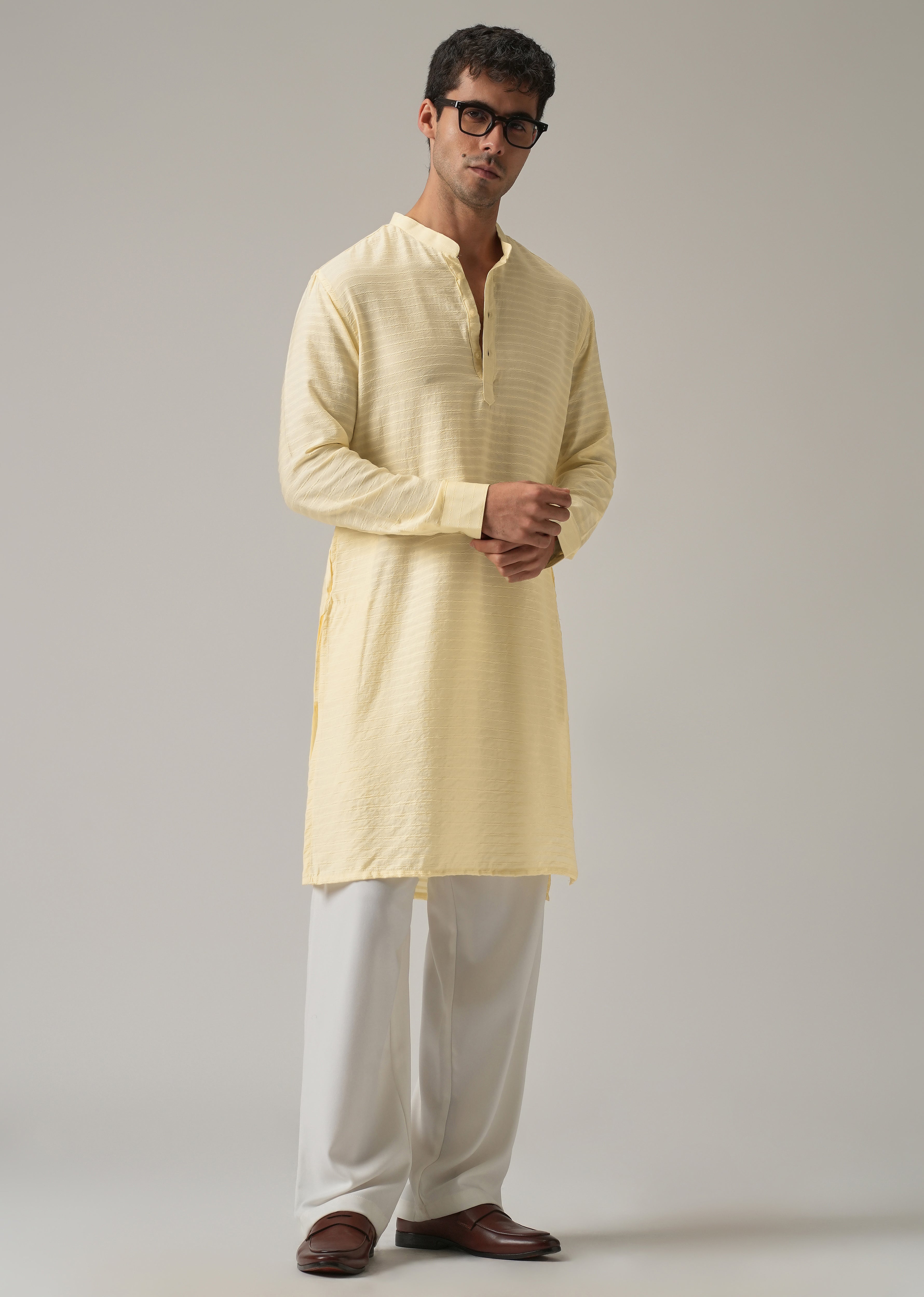 Yellow Nylon Self Stripe Kurta