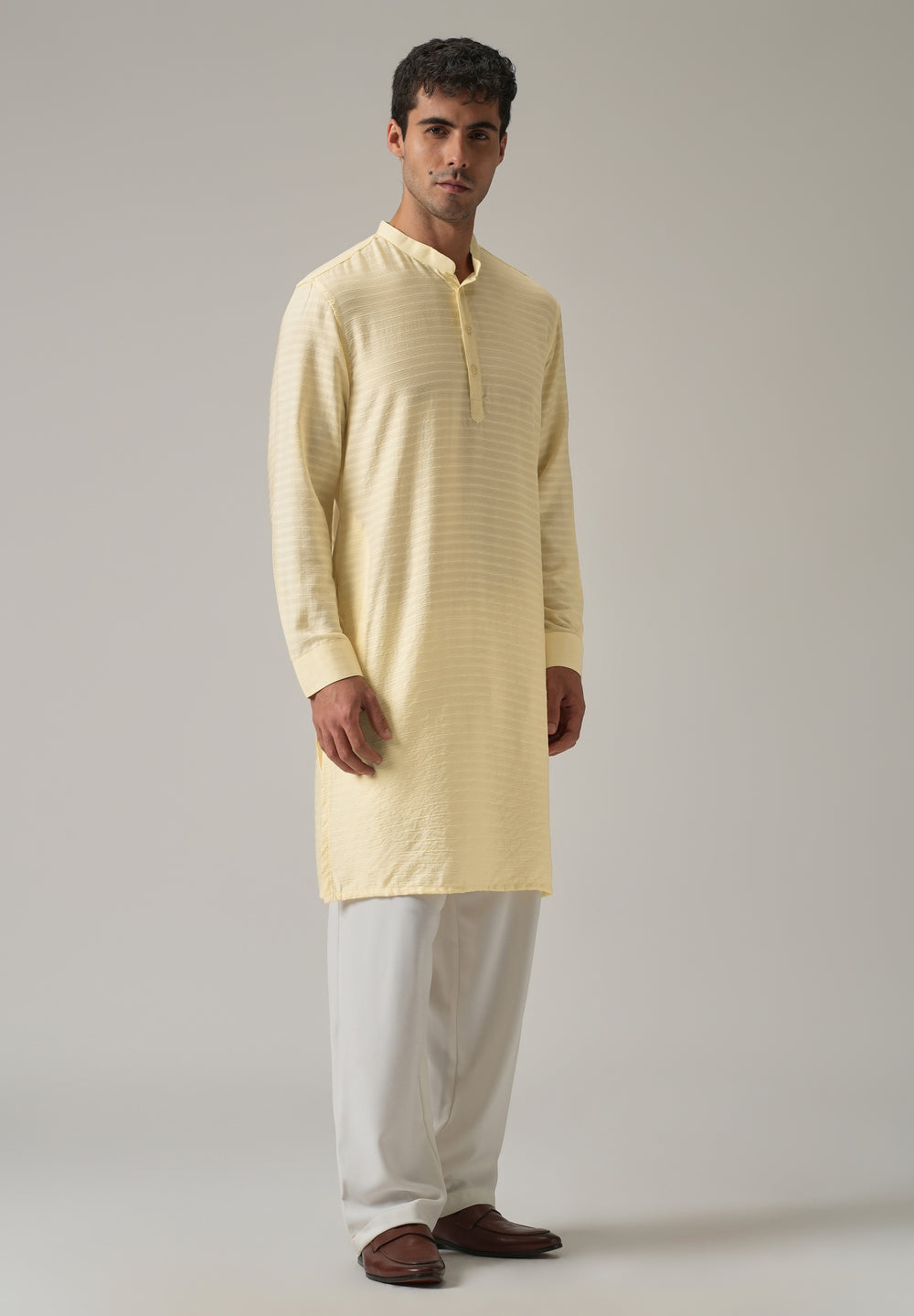 Yellow Nylon Self Stripe Kurta
