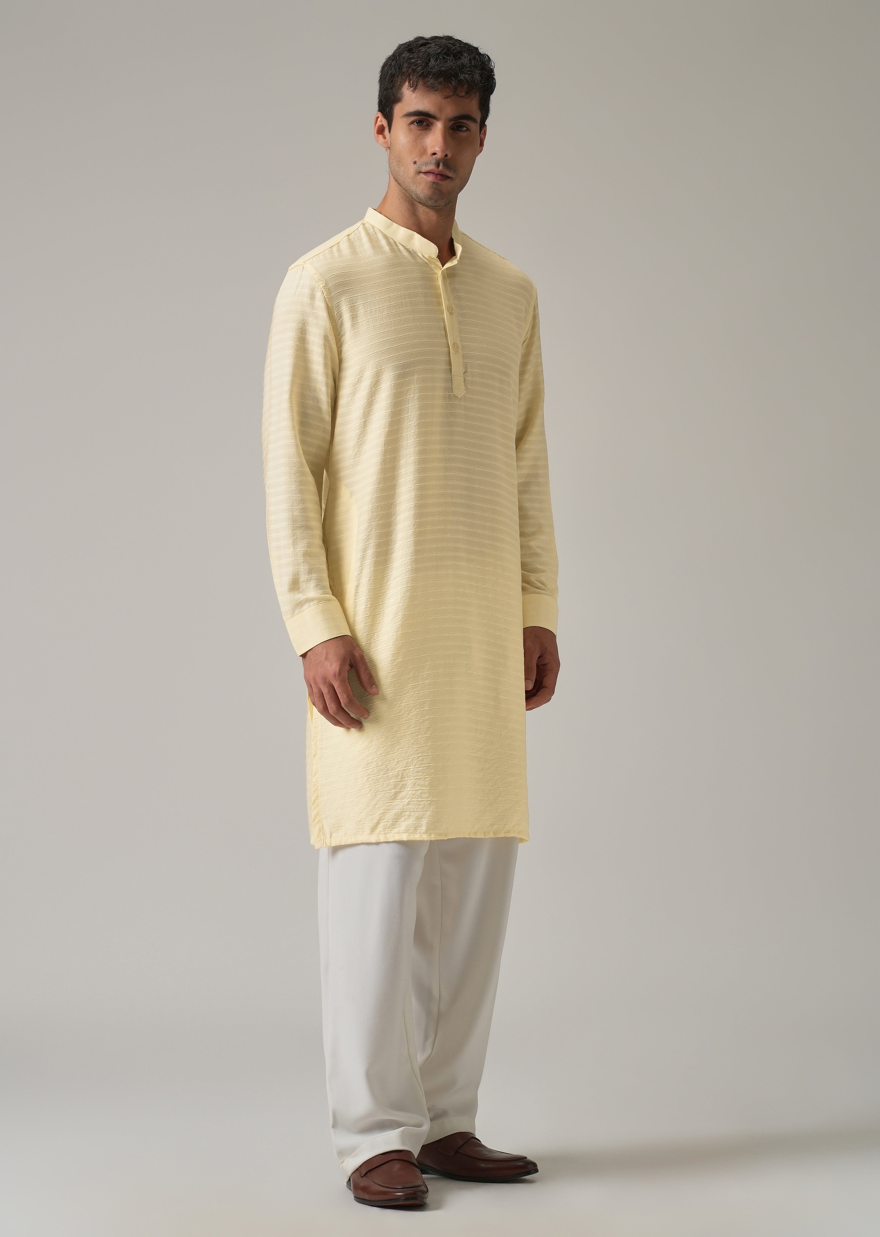 Yellow Nylon Self Stripe Kurta