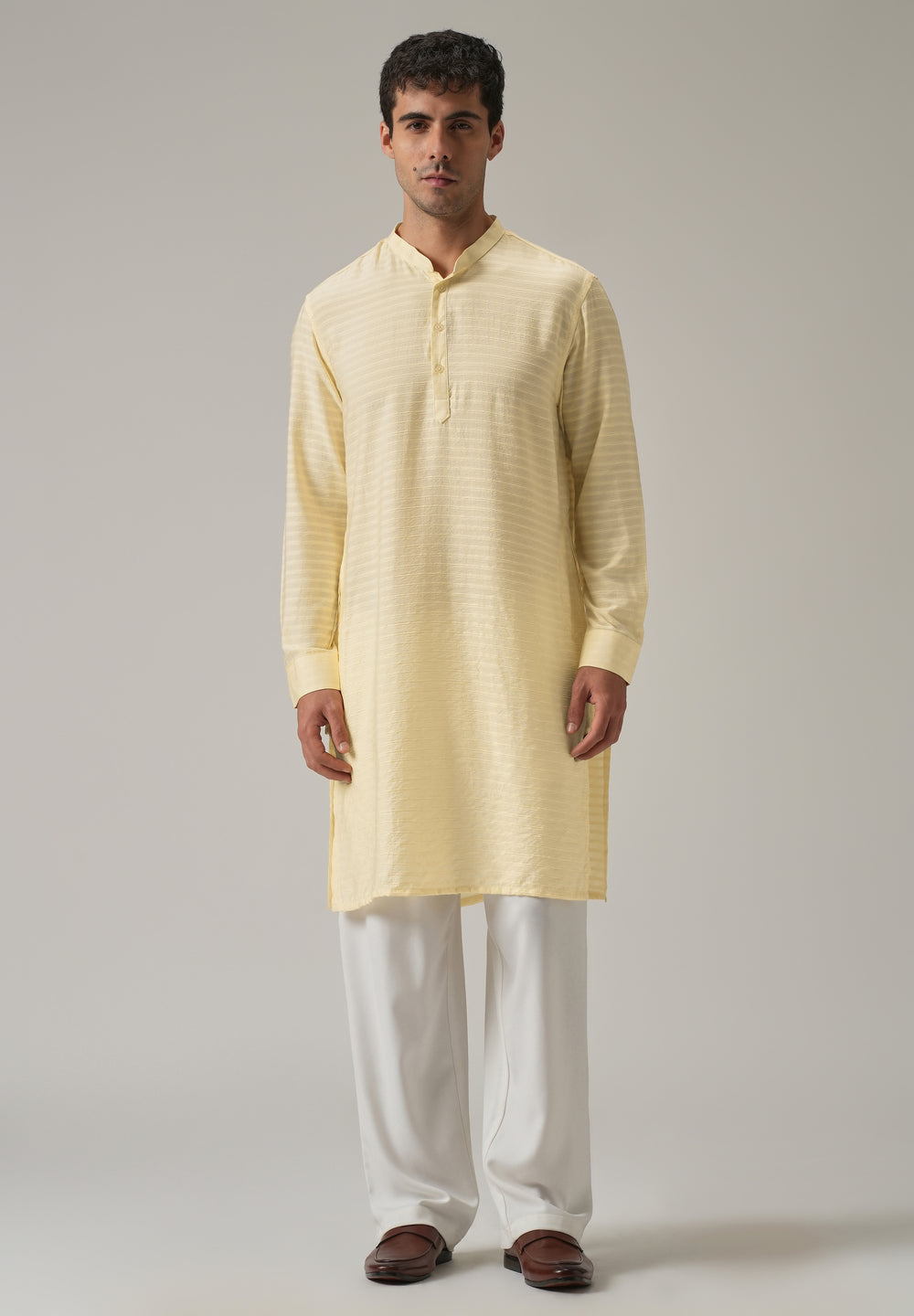 Yellow Nylon Self Stripe Kurta