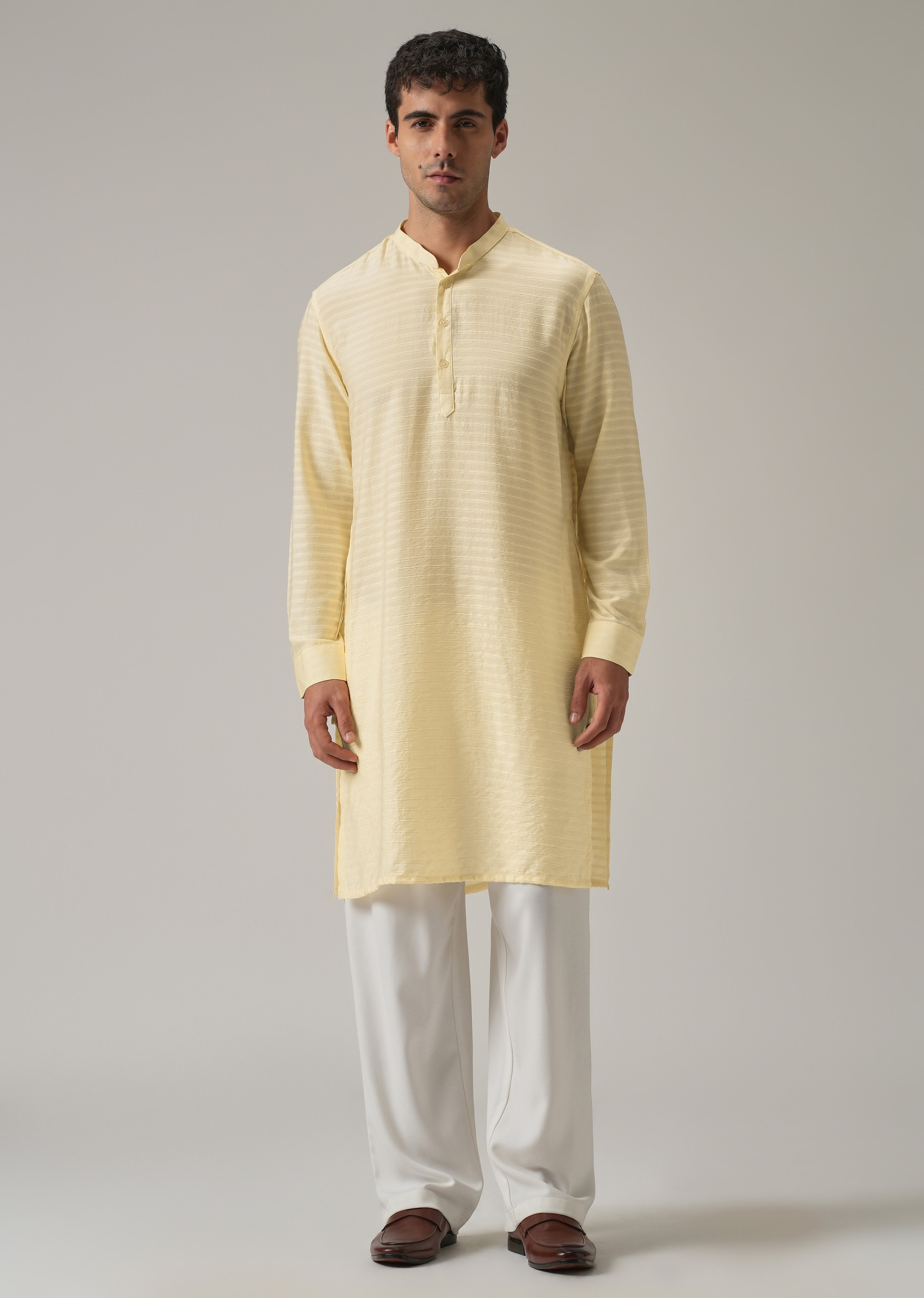 Yellow Nylon Self Stripe Kurta